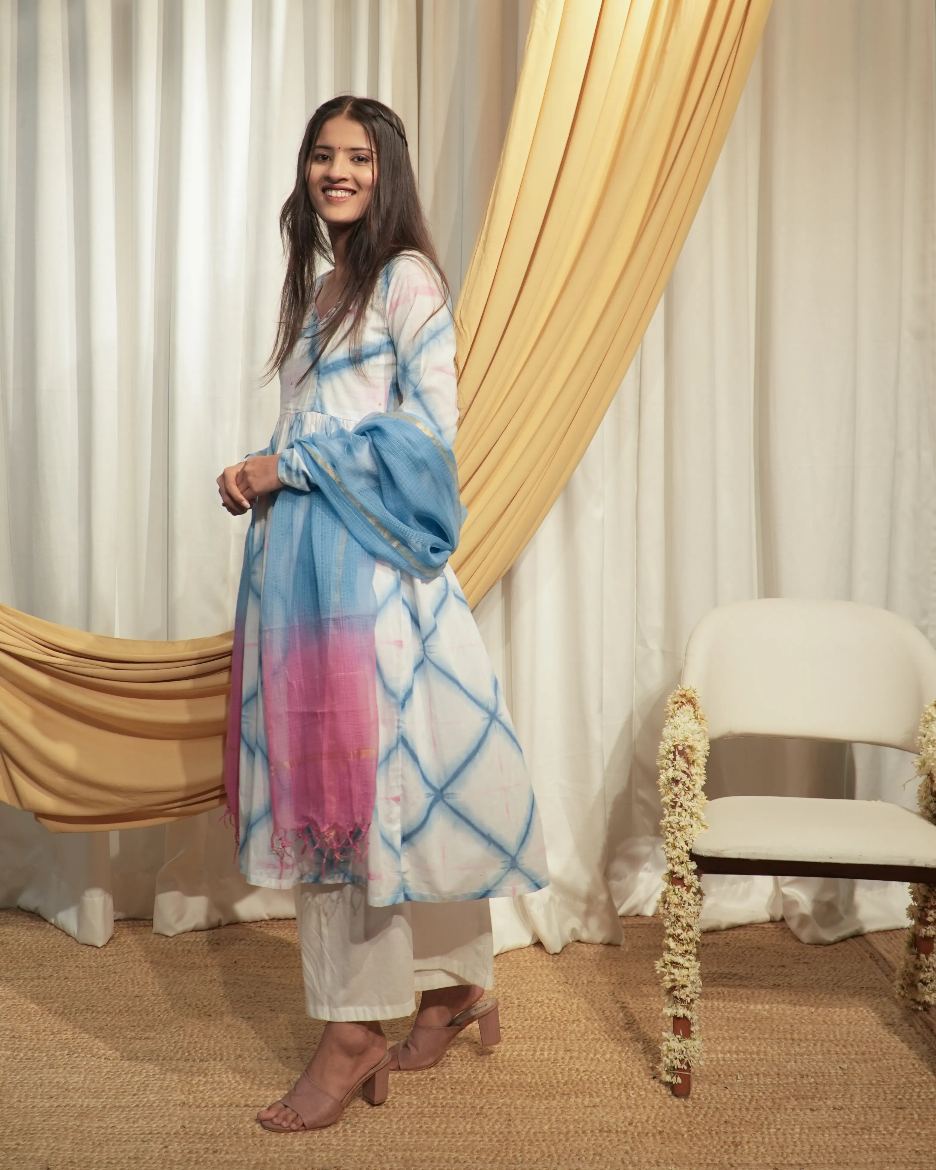 White, Pink & Bule A-line Kurta set with Dupattas