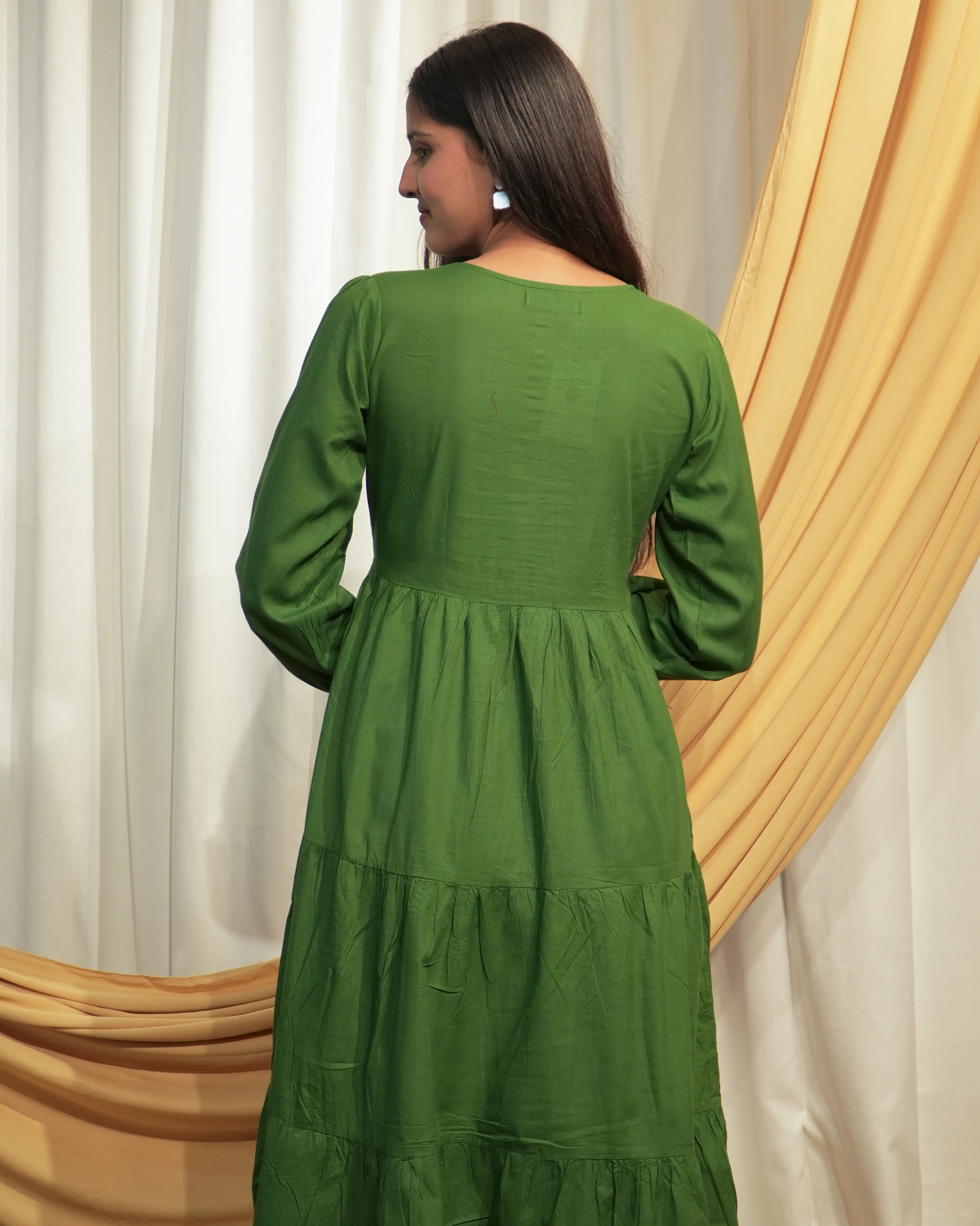 Basil Green Layered Cotton A-Line Dress with Puff Sleeves