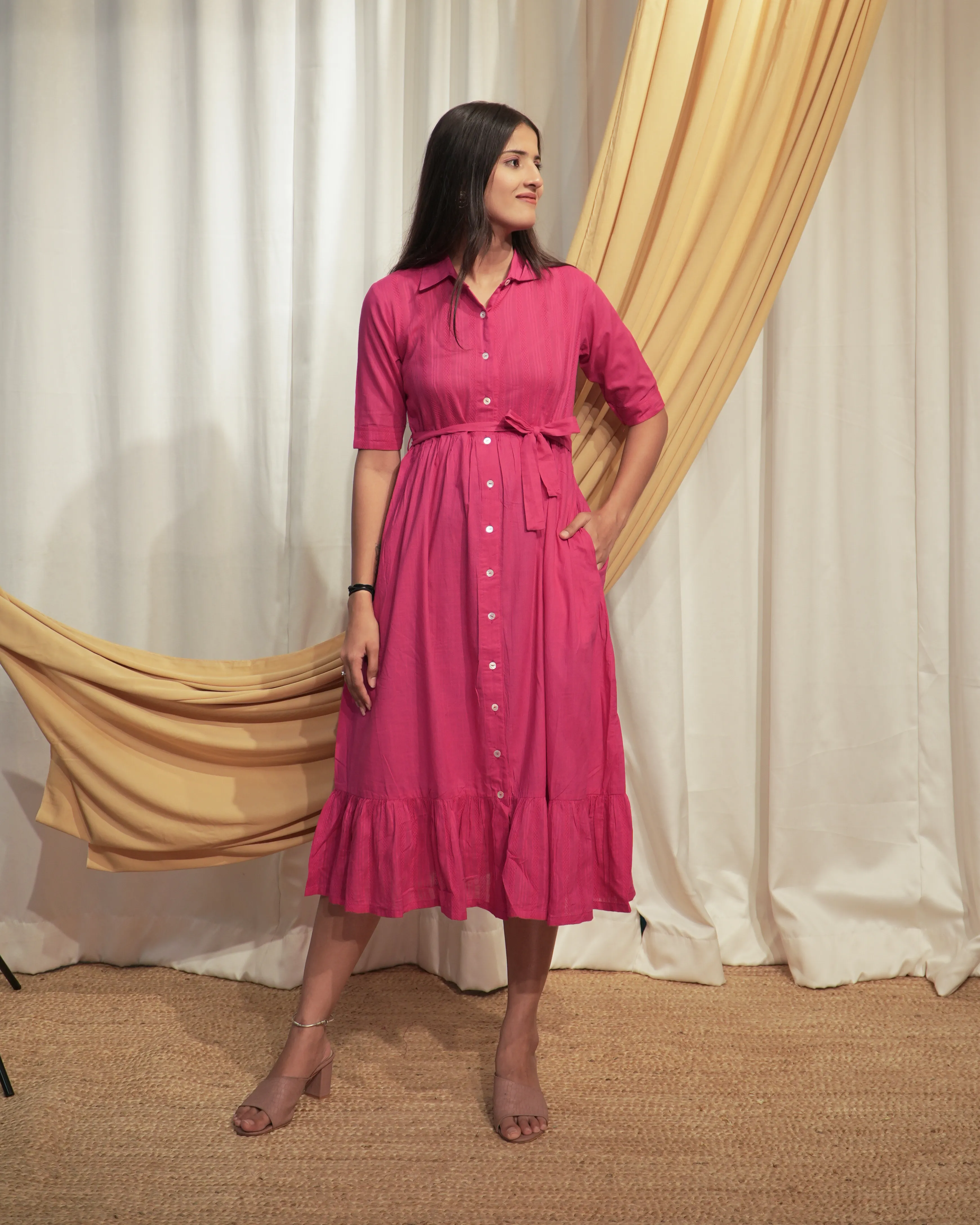Hot Pink Shirt Style A-Line Dress with Tie-Up Belt