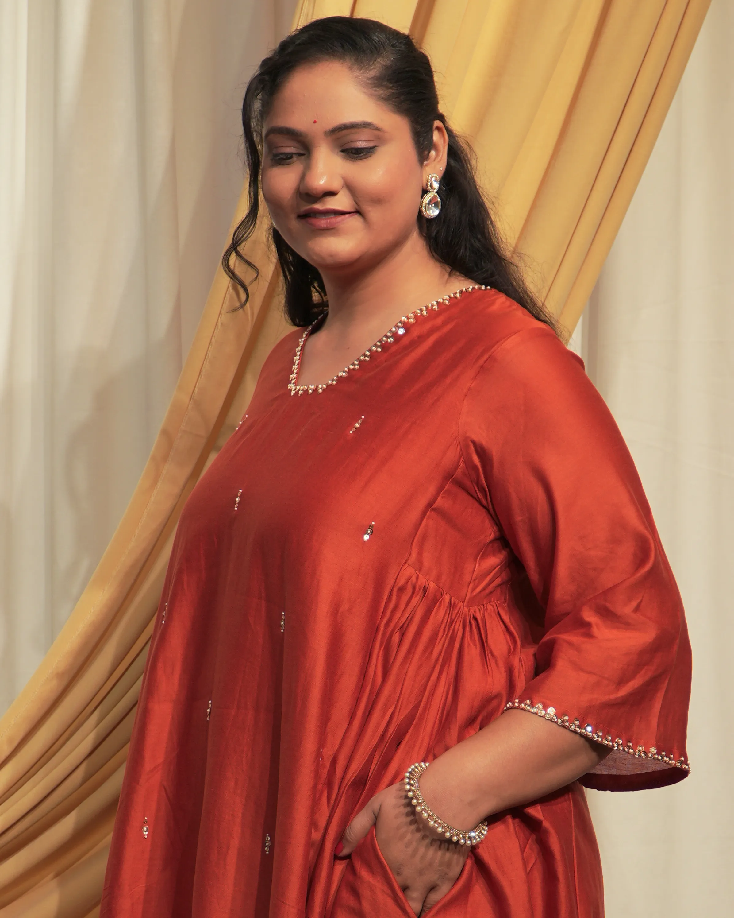 Rust Chanderi A-line Kurta set with Dupattas