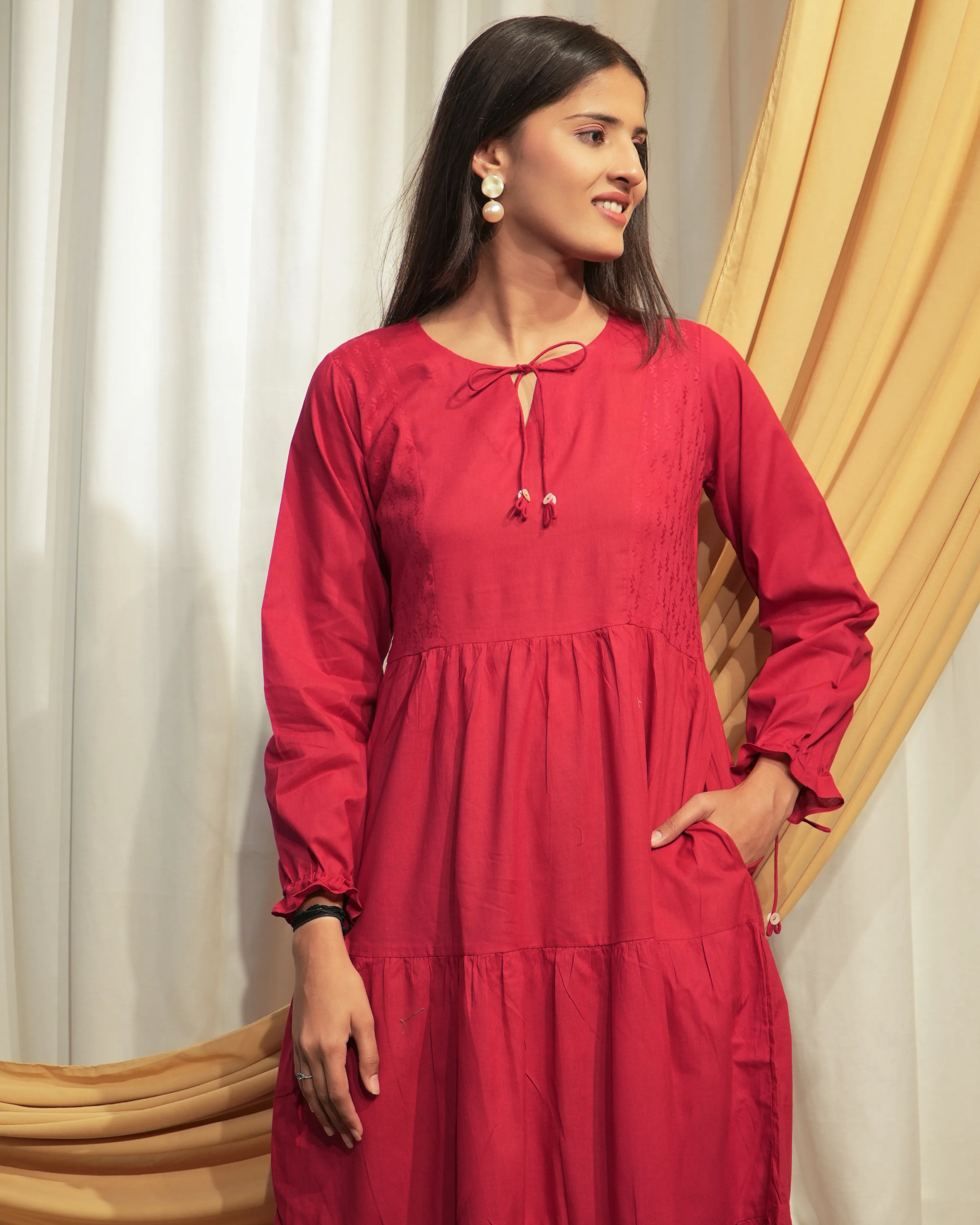 Carmine Red Layered Cotton A-Line Dress with Puff Sleeves