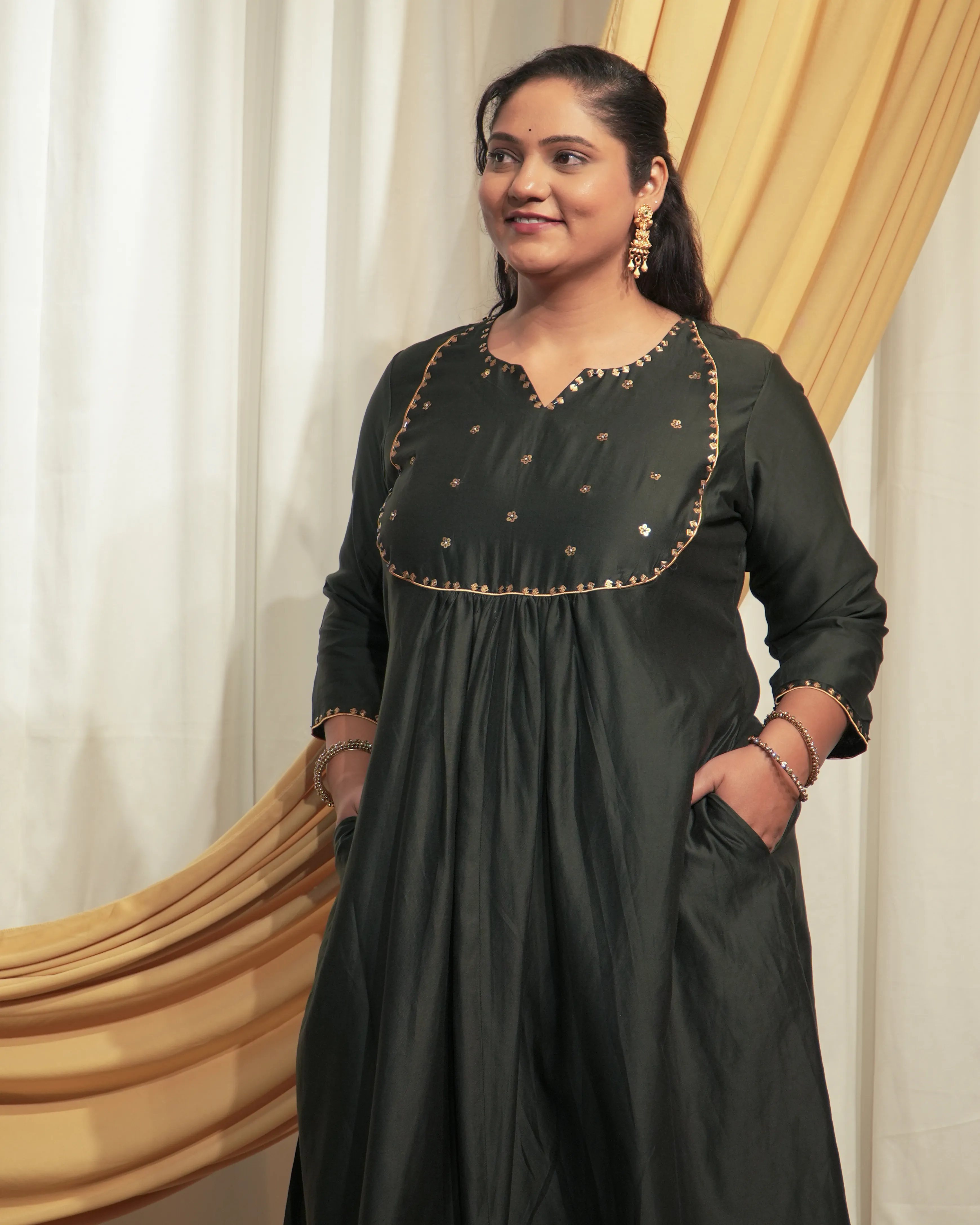 Black Chanderi A-line Kurta set with Dupattas