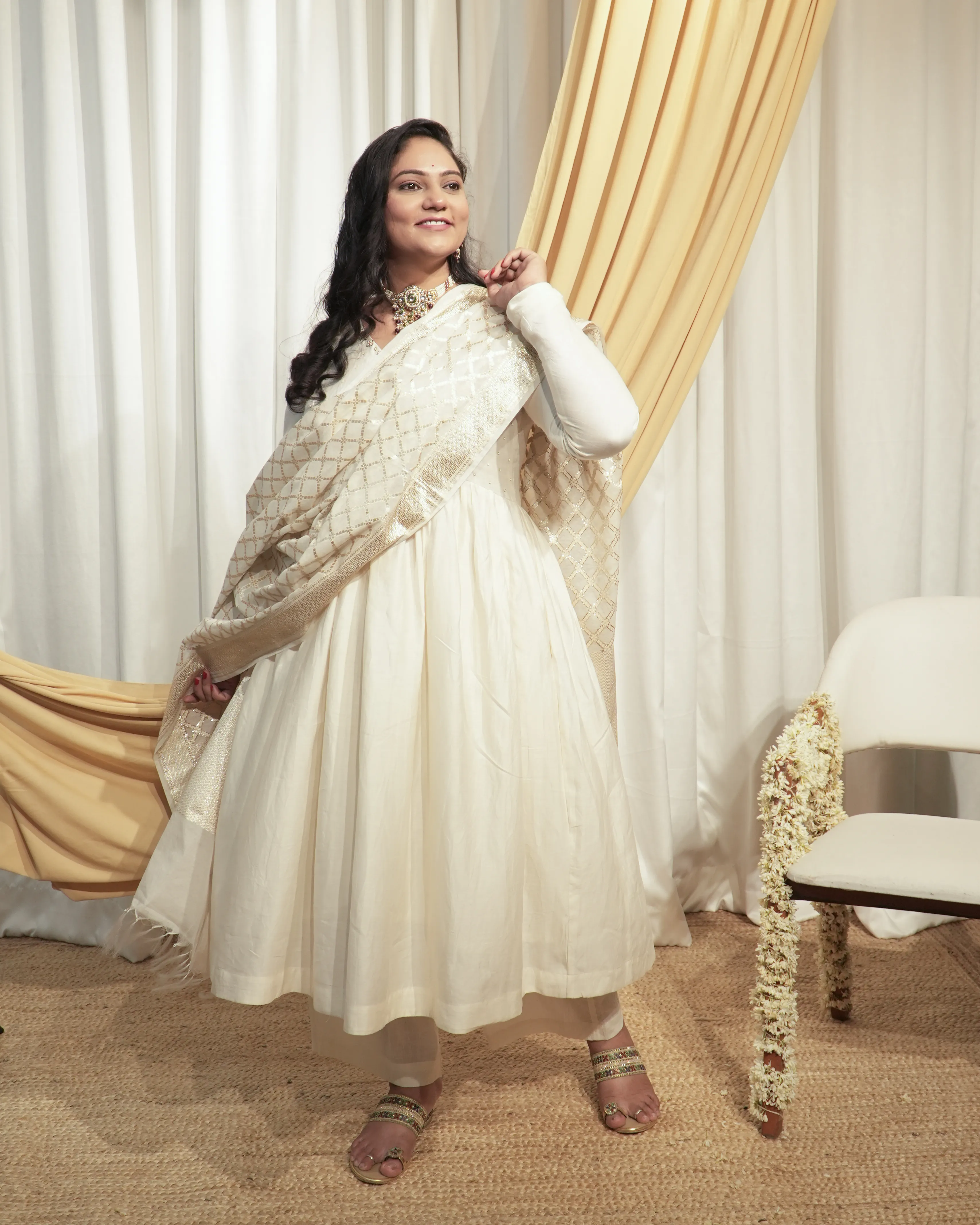  Off-white Chanderi A-line Kurta set with Dupattas