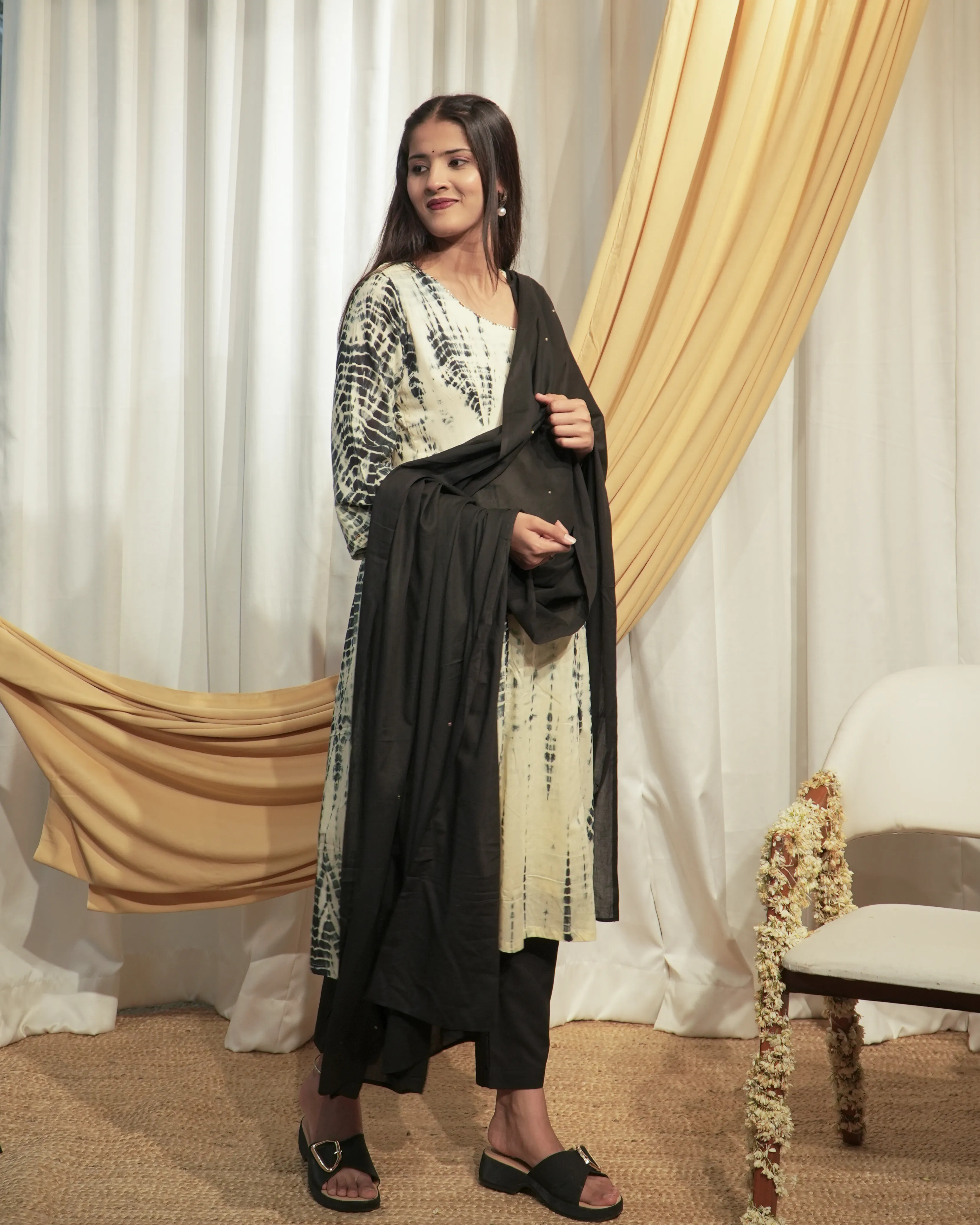 Black & Cream  A-line Kurta set with Dupattas