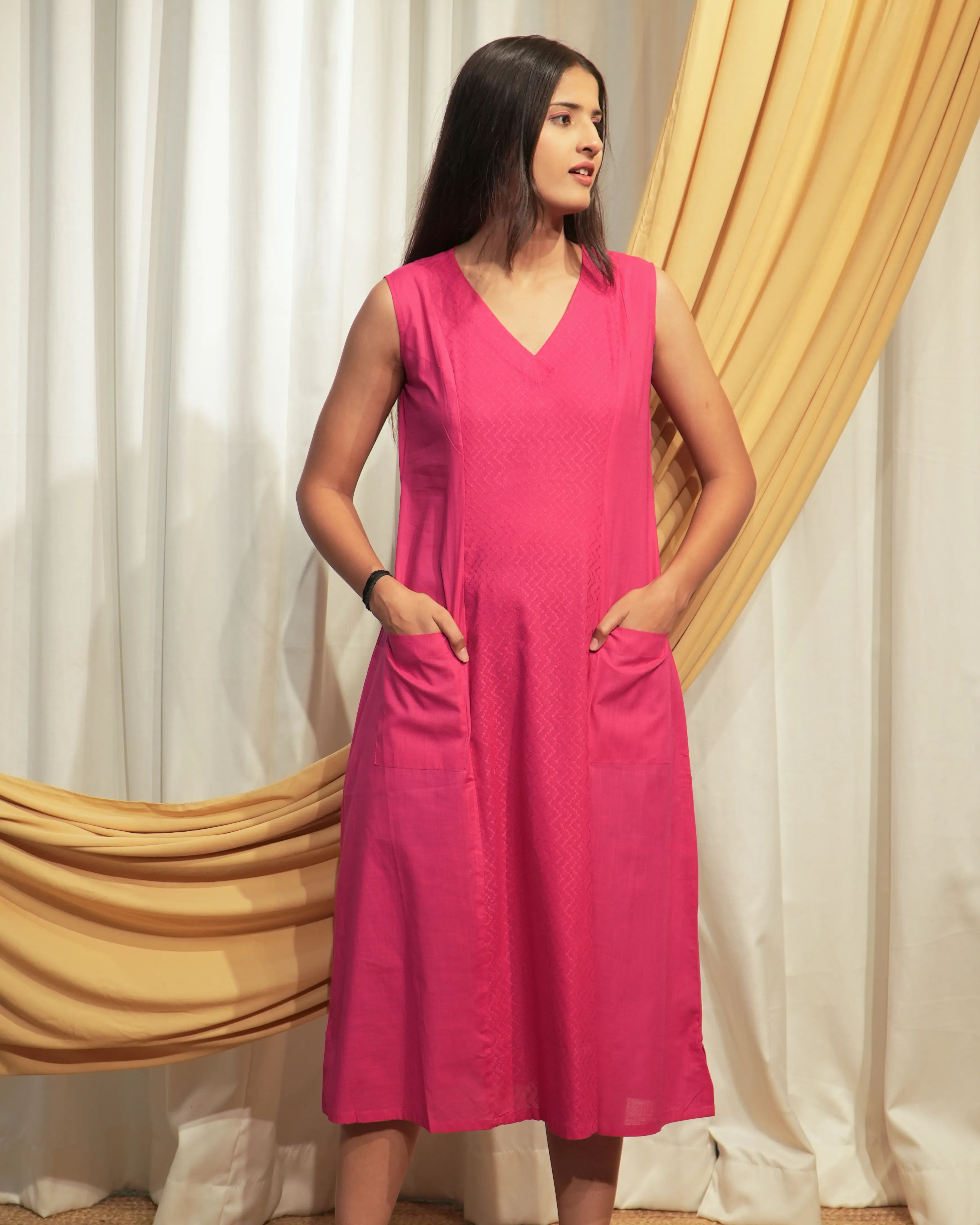 Hot Pink Sleeveless Princess Panel A-Line Dress