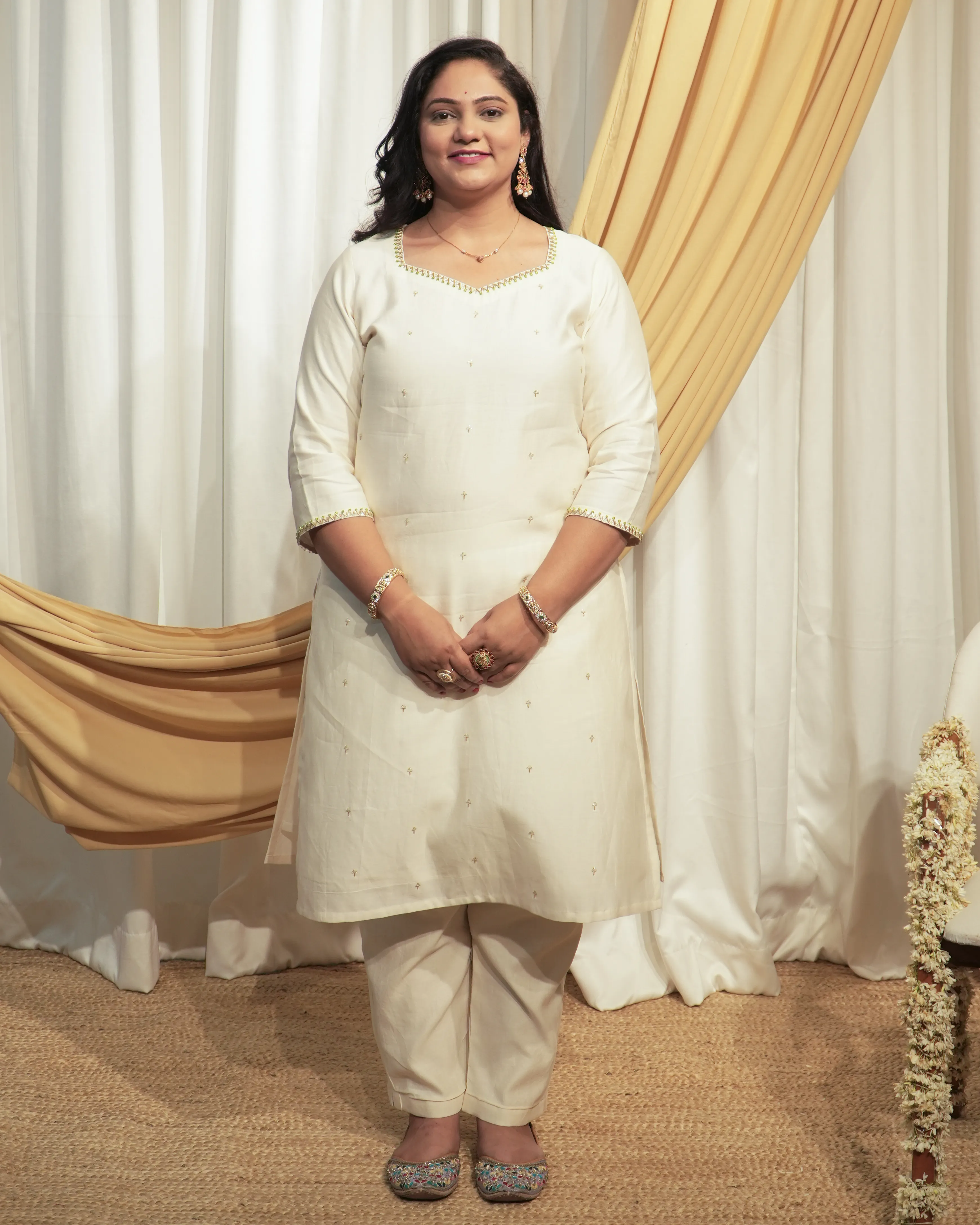 Off- white Chanderi Straight Kurta set with Dupattas