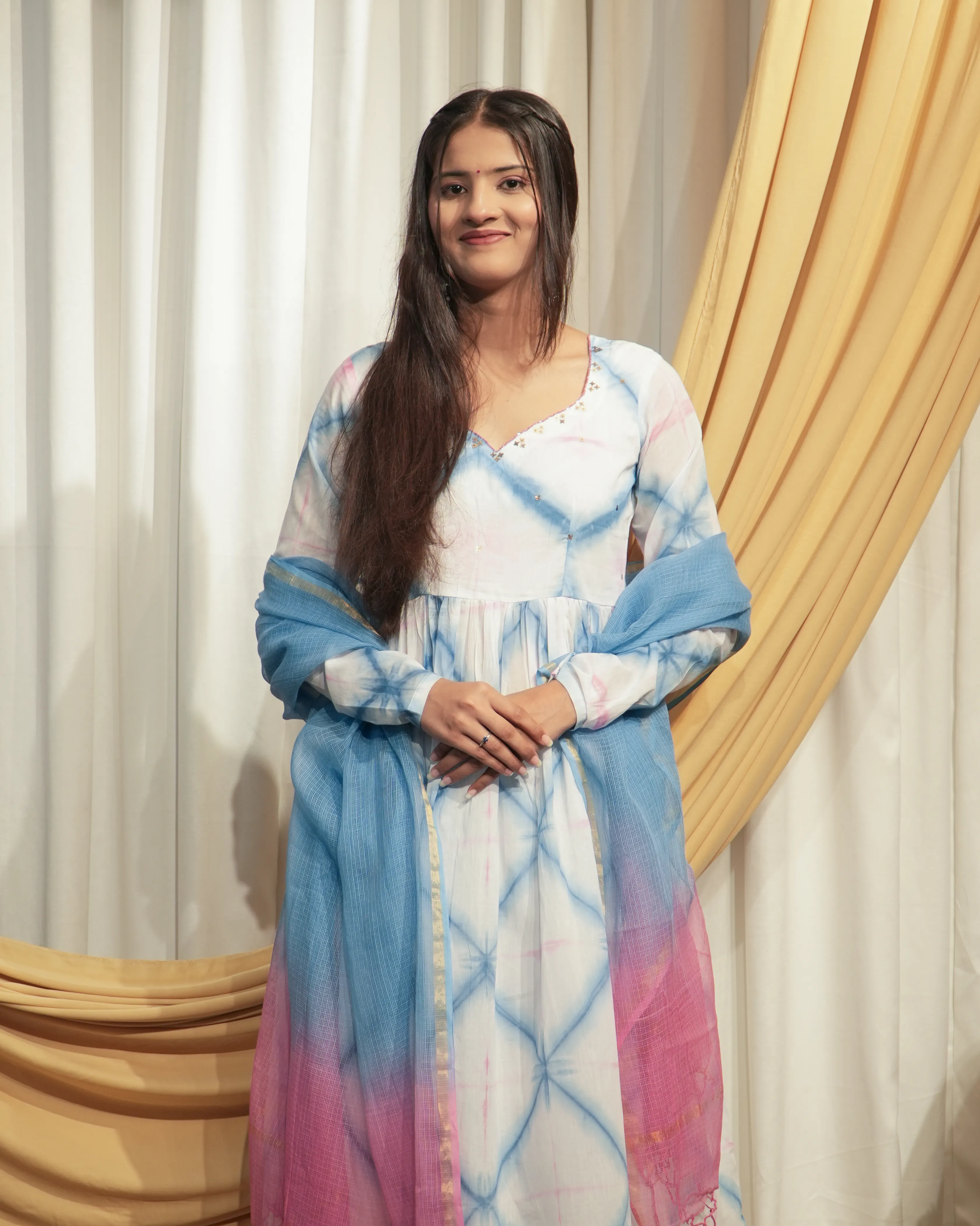 White, Pink & Bule A-line Kurta set with Dupattas