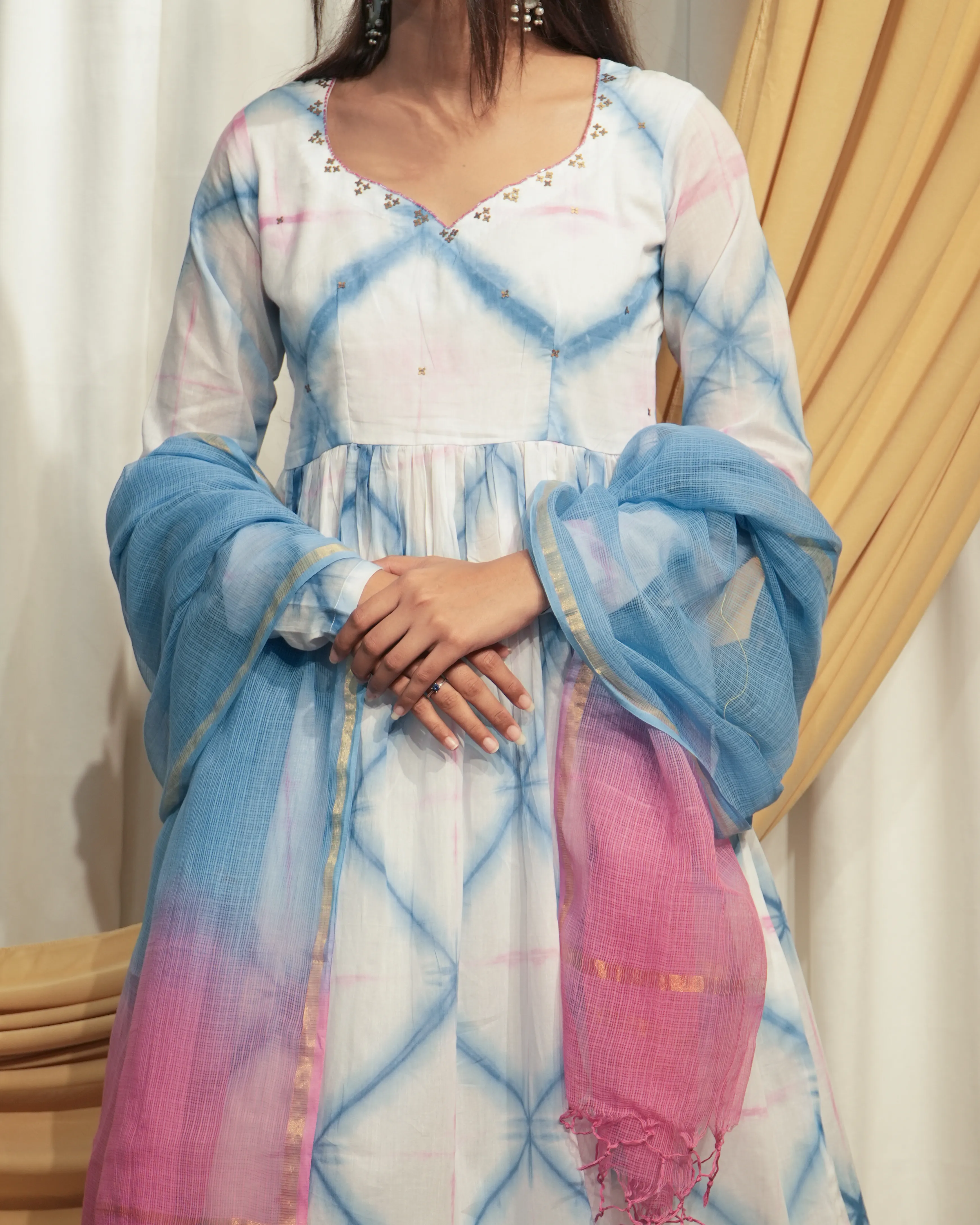 White, Pink & Bule A-line Kurta set with Dupattas