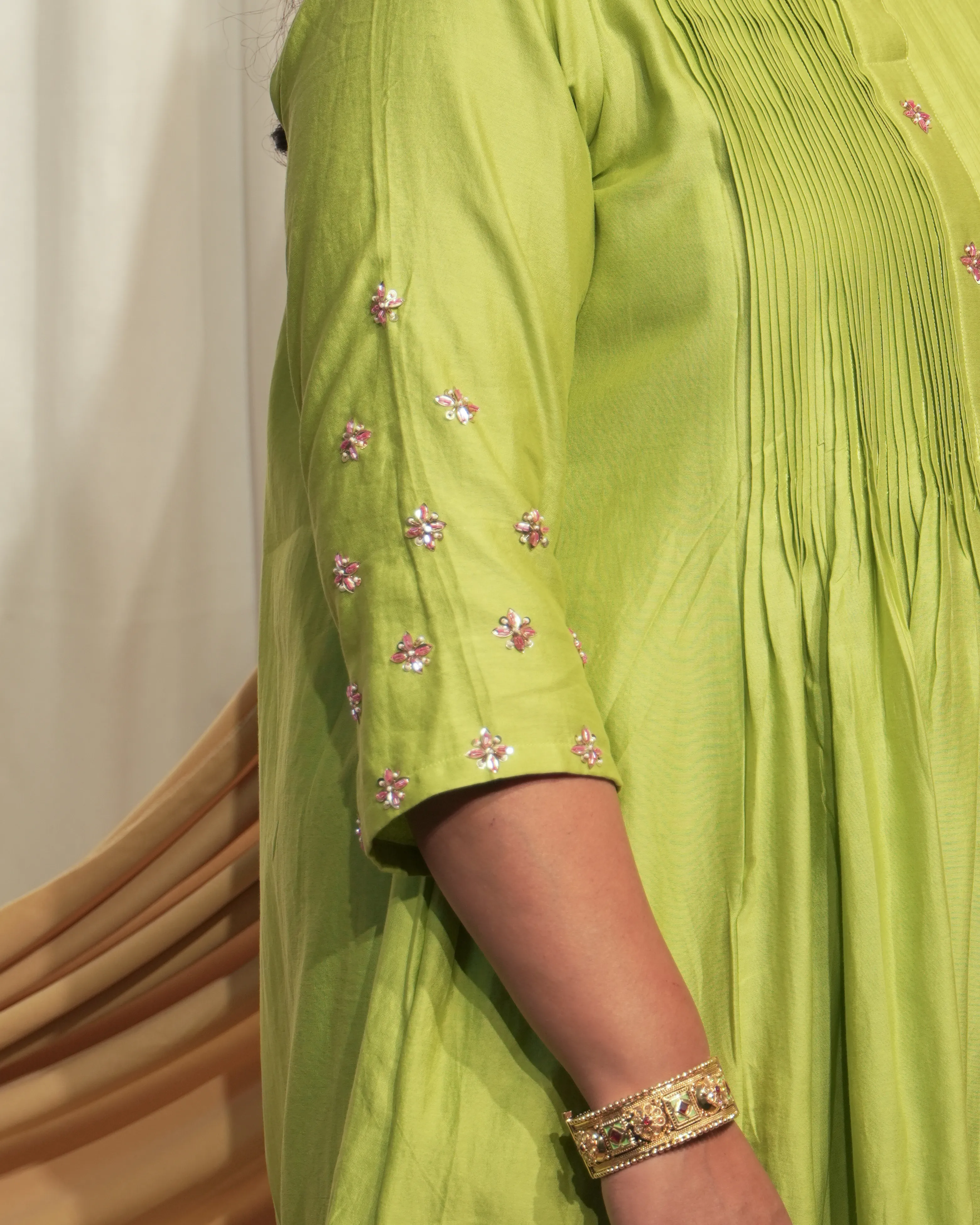 Light Pea Green and Cerise Pink Chanderi A-line Kurta set with Dupattas