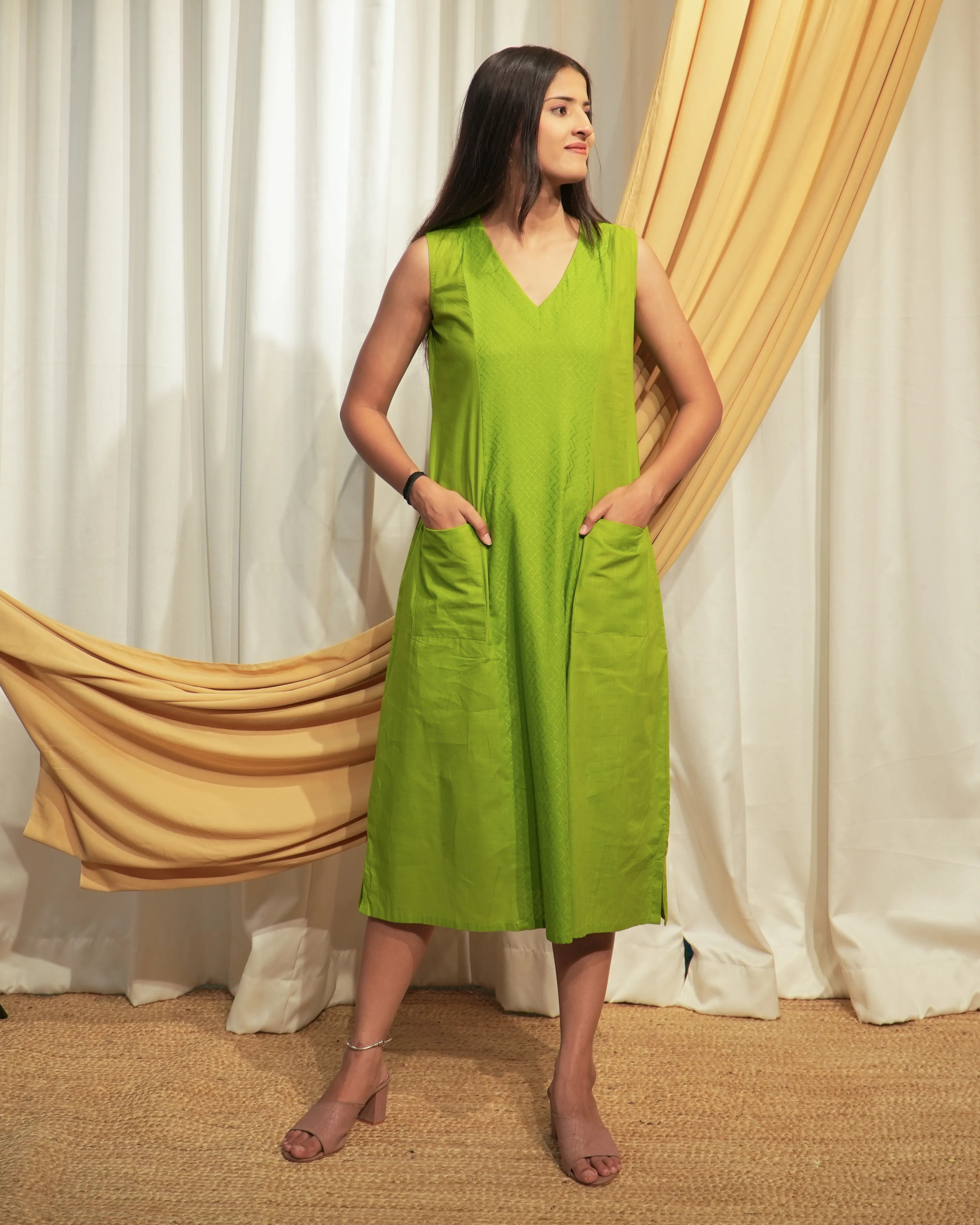 Sheen Green Sleeveless Princess Panel A-Line Dress