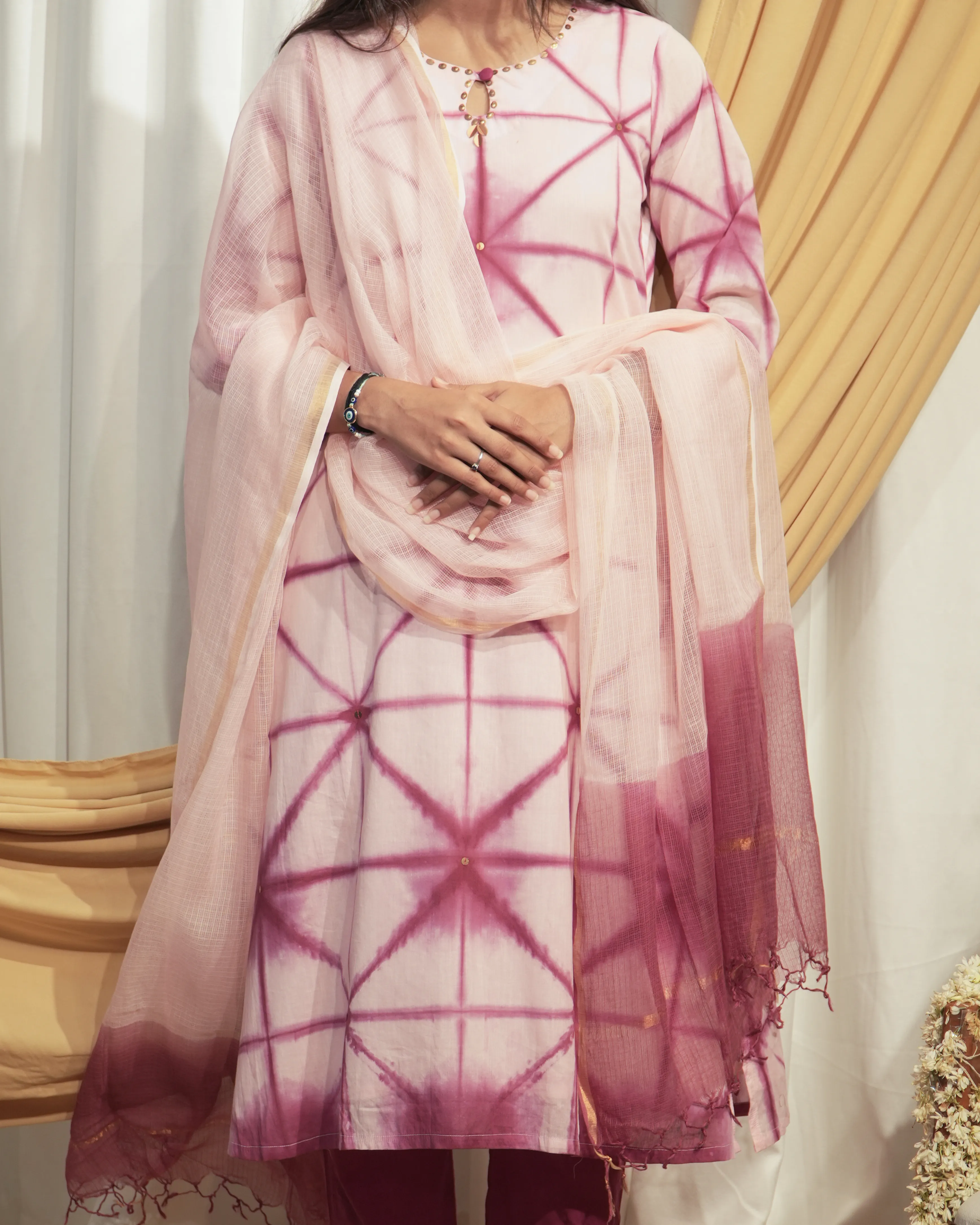 Baby Pink & Maroon A-line Kurta set with Dupattas