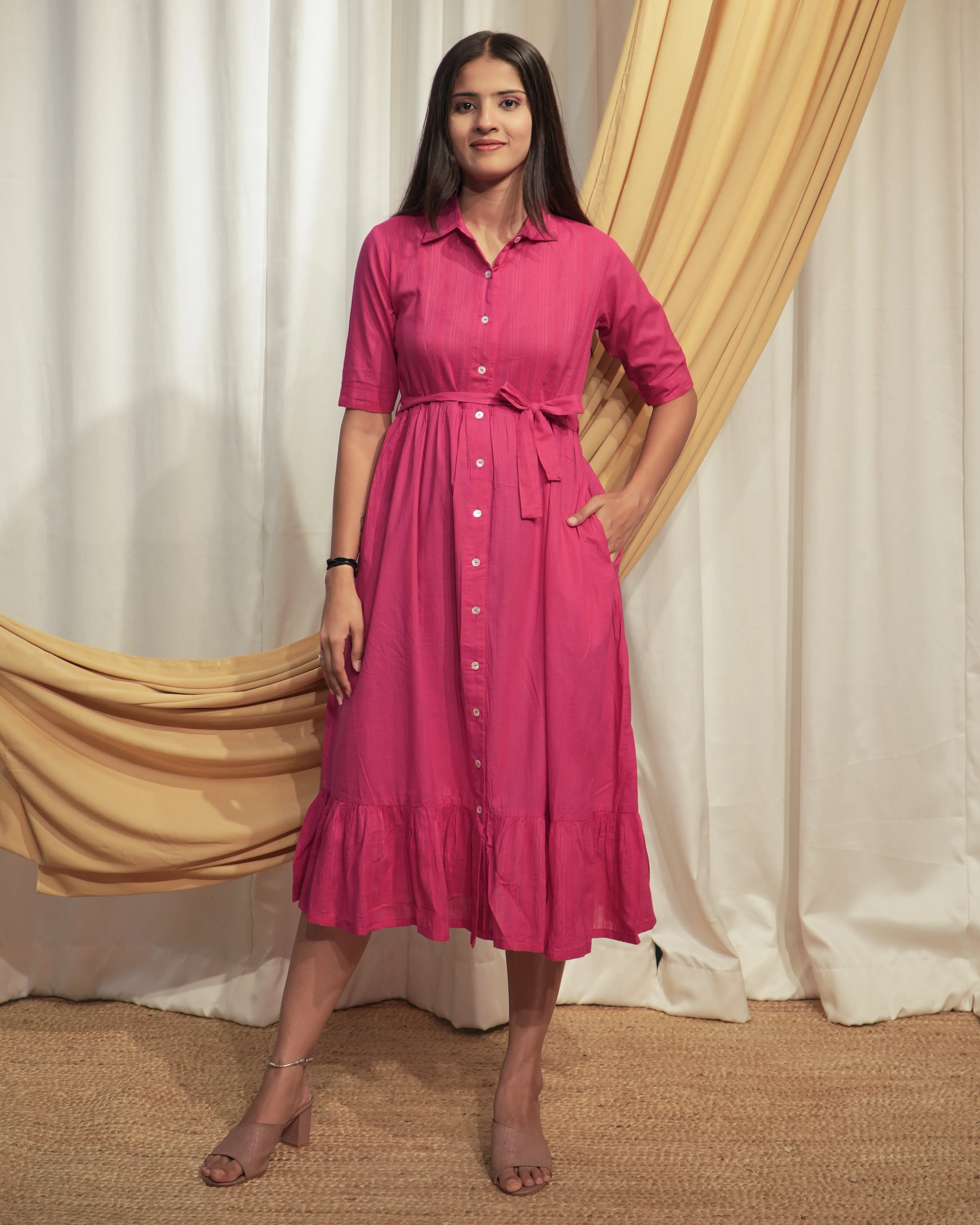 Hot Pink Shirt Style A-Line Dress with Tie-Up Belt