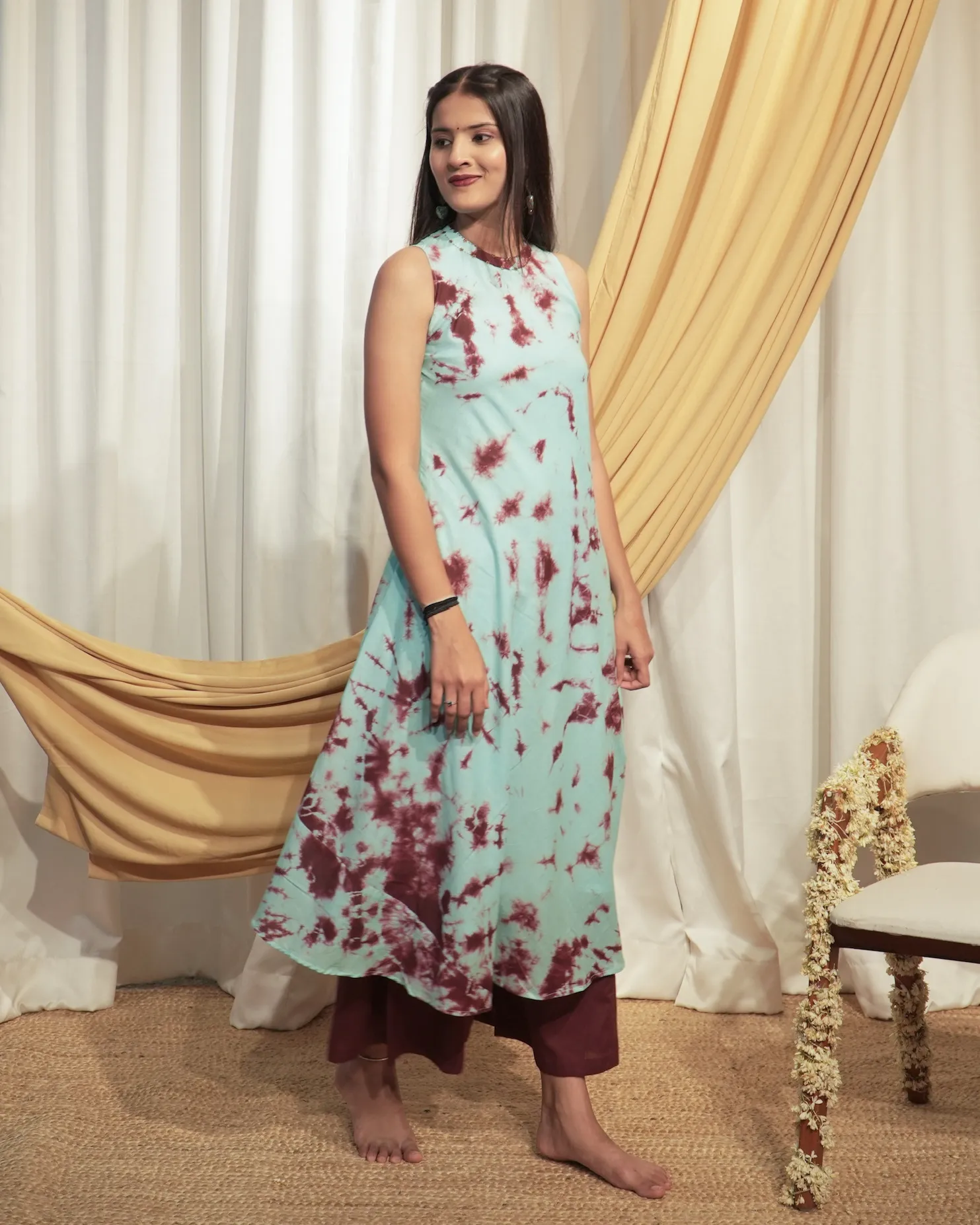 Ice Bule & Drak Brown A-line Kurta set with Dupattas