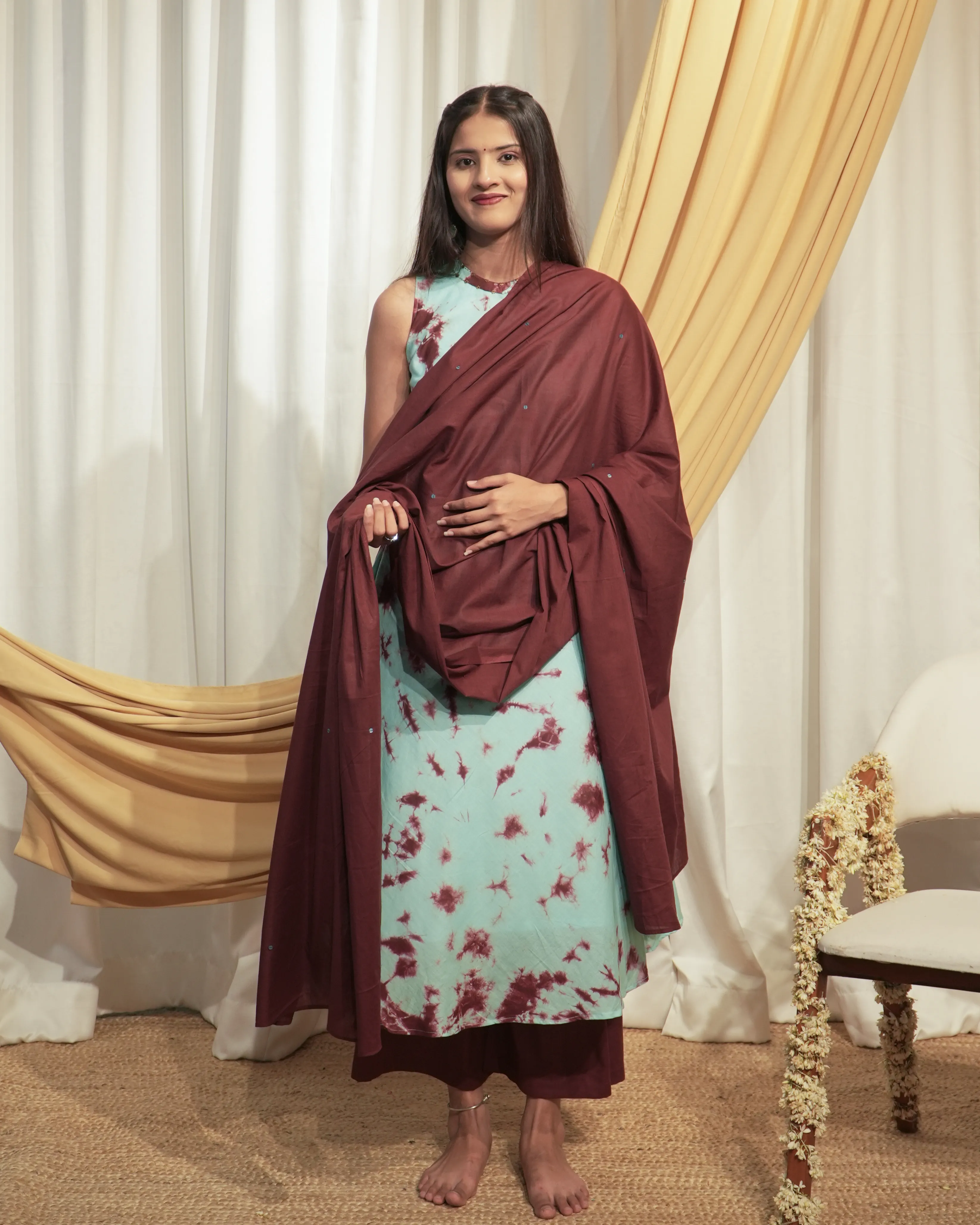 Ice Bule & Drak Brown A-line Kurta set with Dupattas