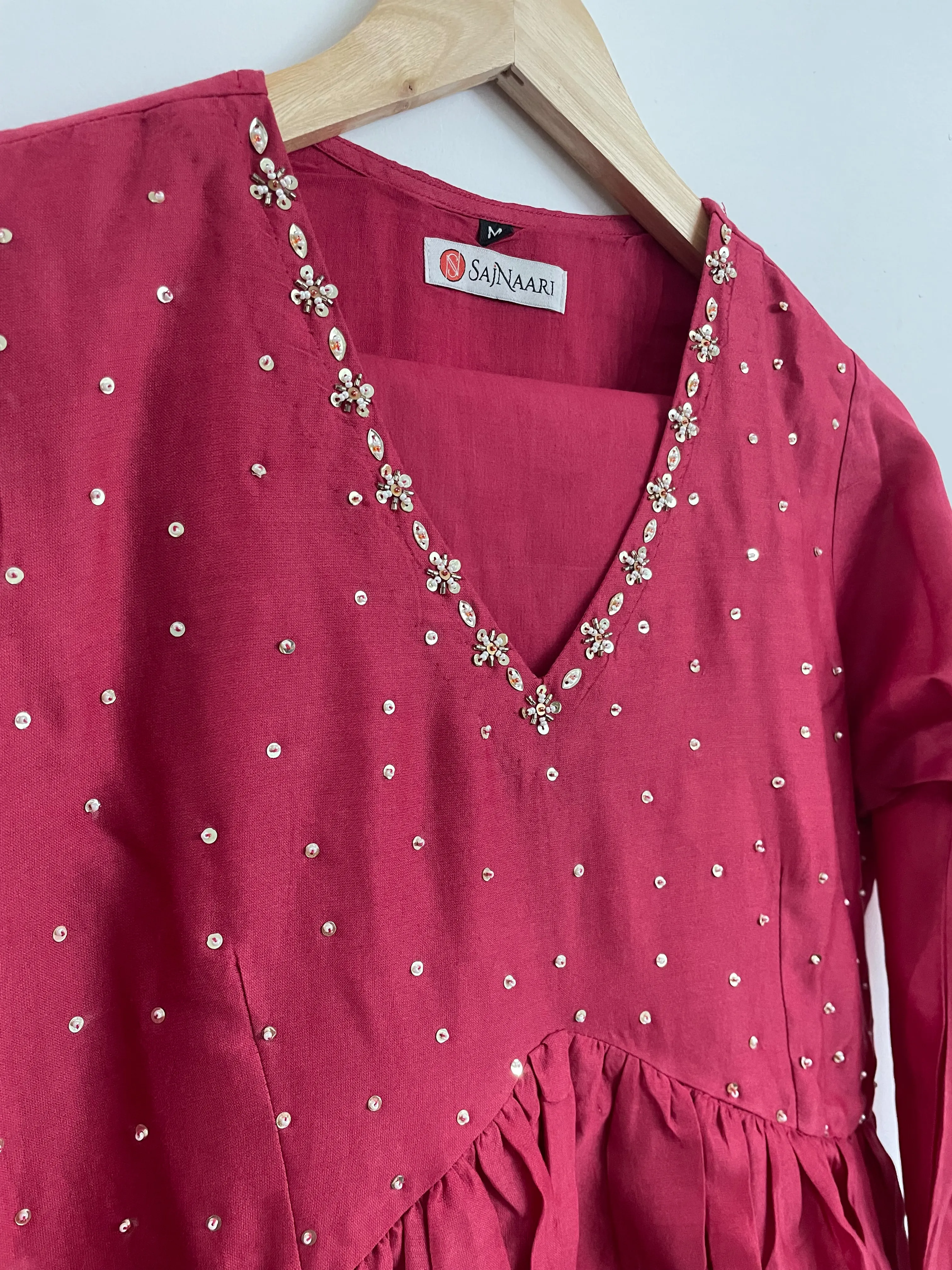 Cherry Red Chanderi A-line Kurta set with Dupattas