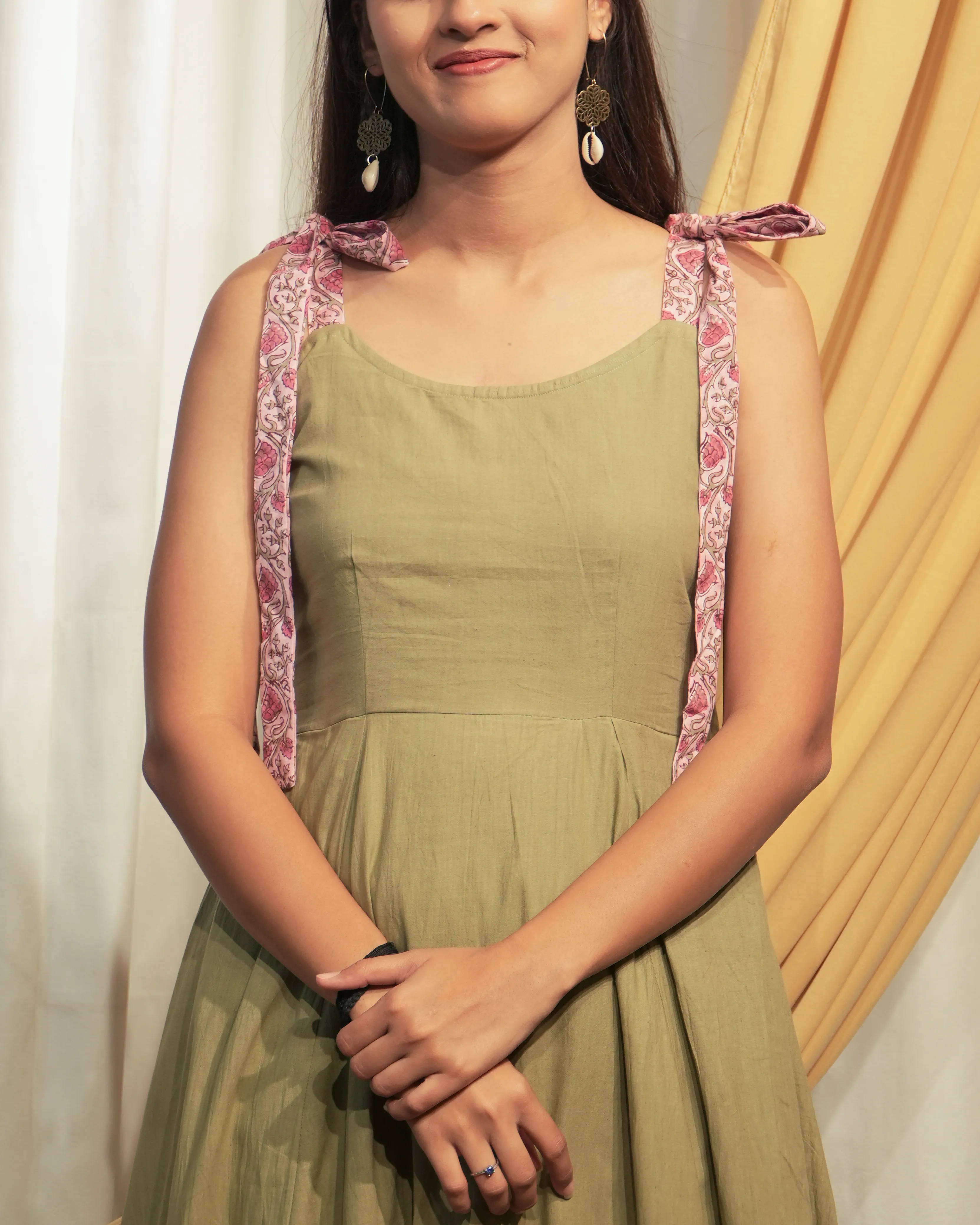 Light Green A-Line Cotton Dress with Hand Block Print Bow Shoulders