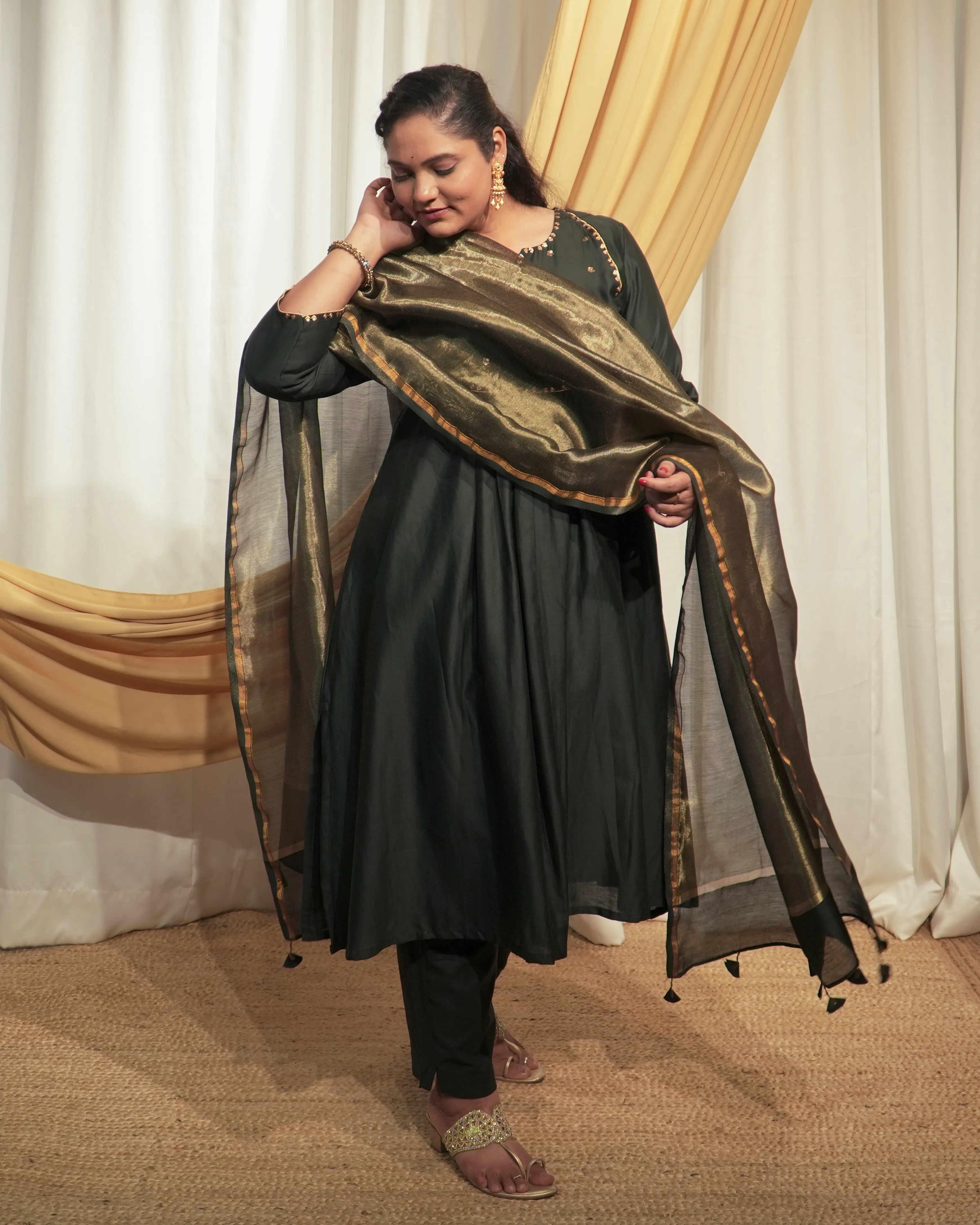 Black Chanderi A-line Kurta set with Dupattas