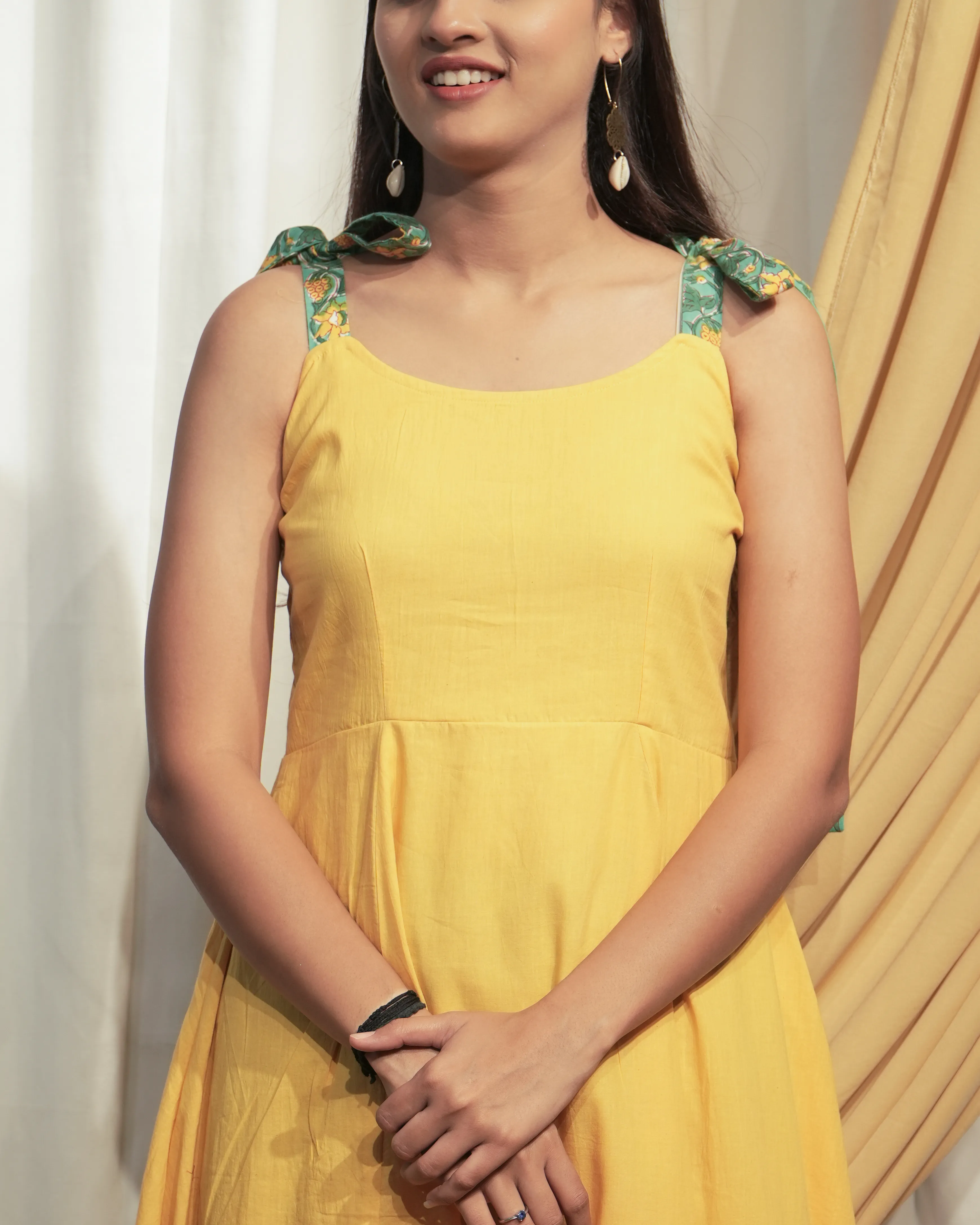 Lemon yellow A-Line Cotton Dress with Hand Block Print Bow Shoulders
