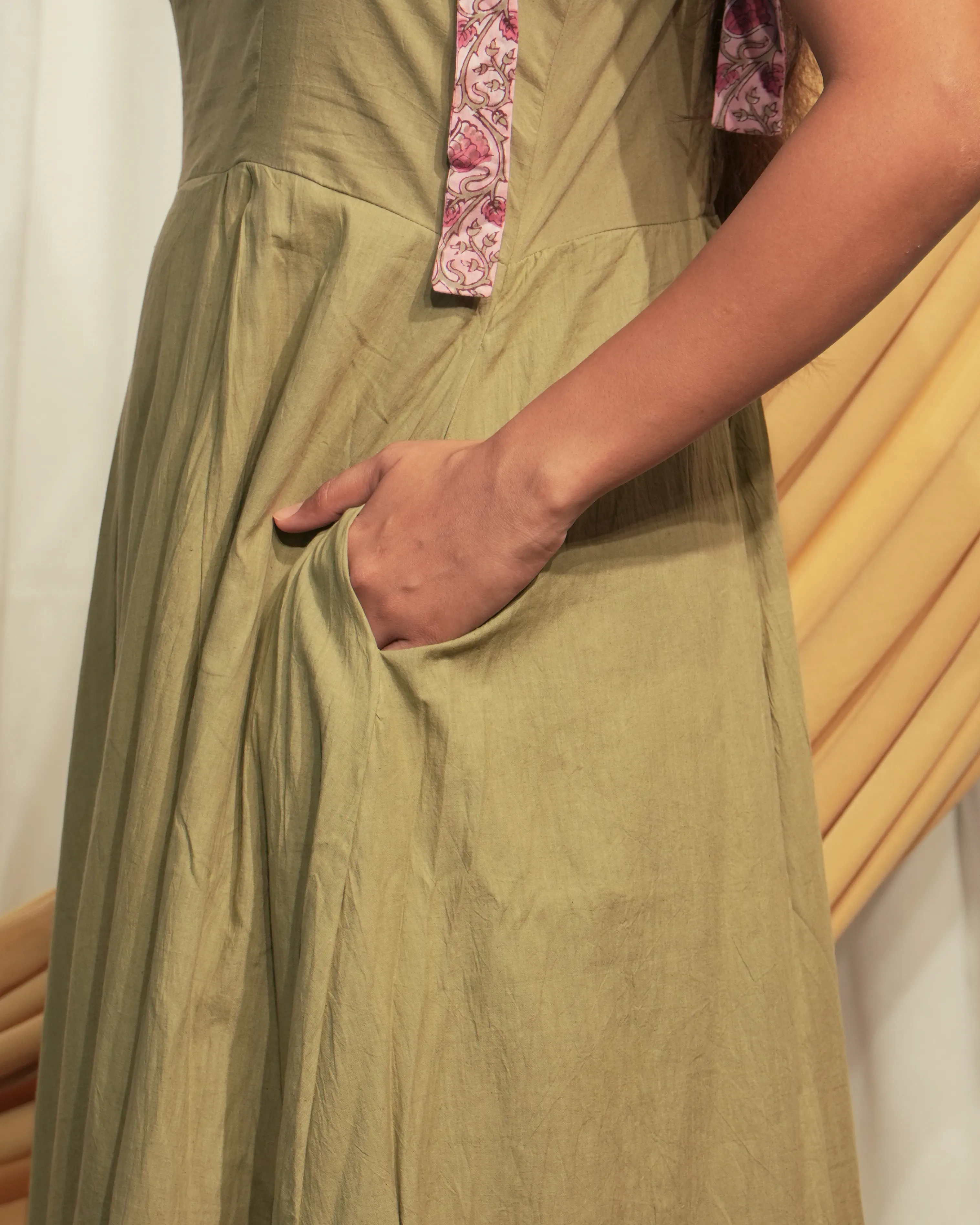 Light Green A-Line Cotton Dress with Hand Block Print Bow Shoulders