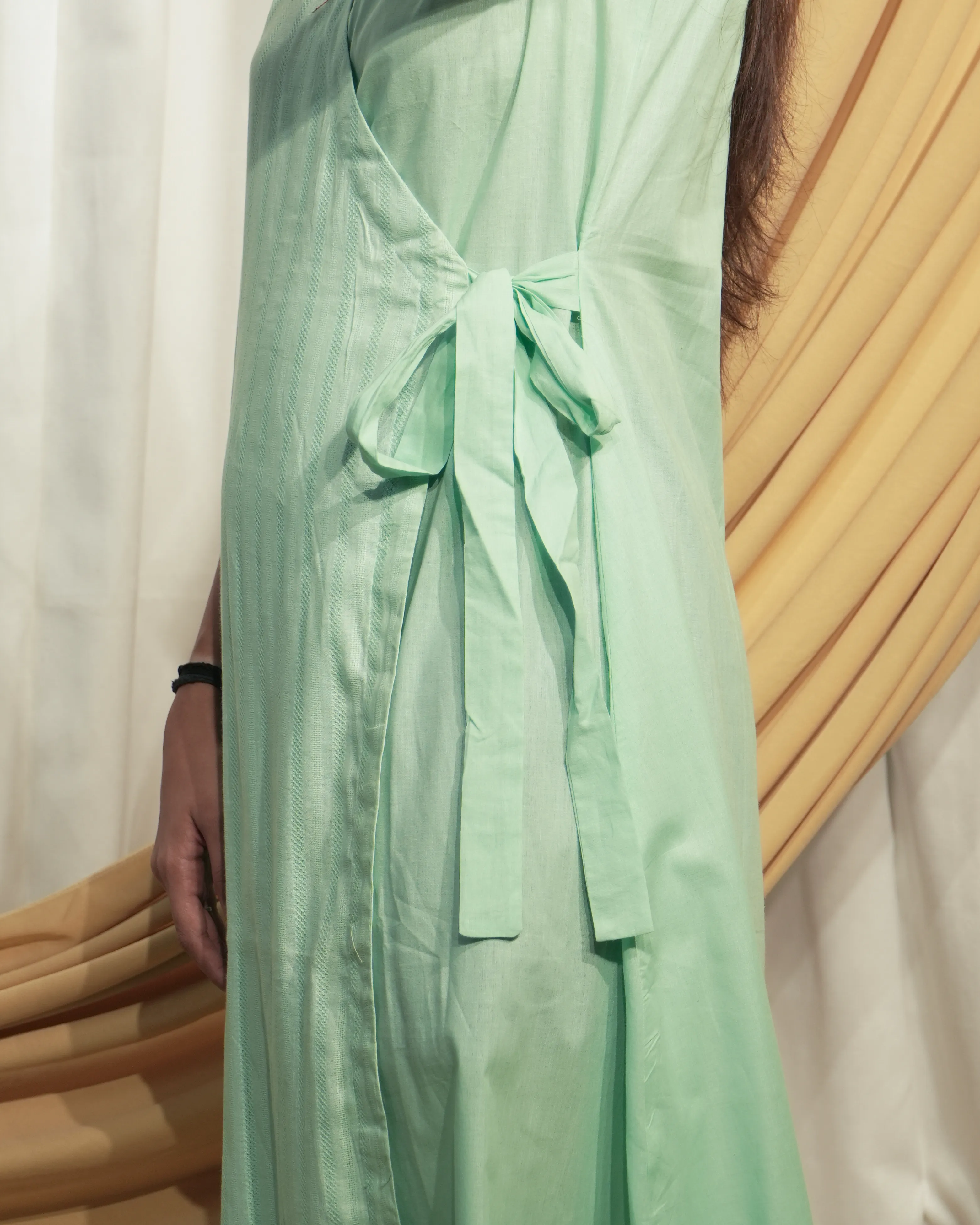 Pista Green Angrakha Style Sleeveless A-Line Dress