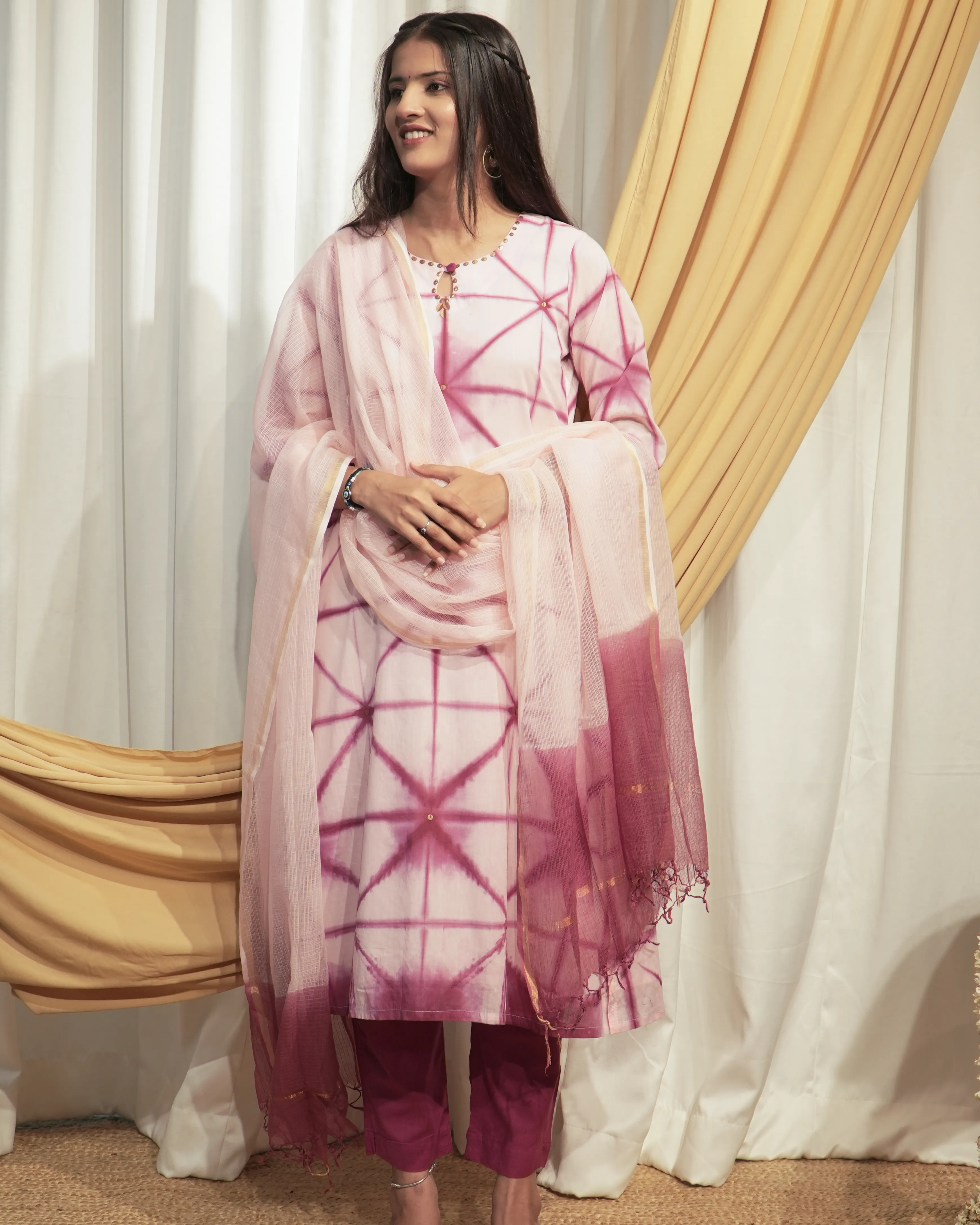 Baby Pink & Maroon A-line Kurta set with Dupattas