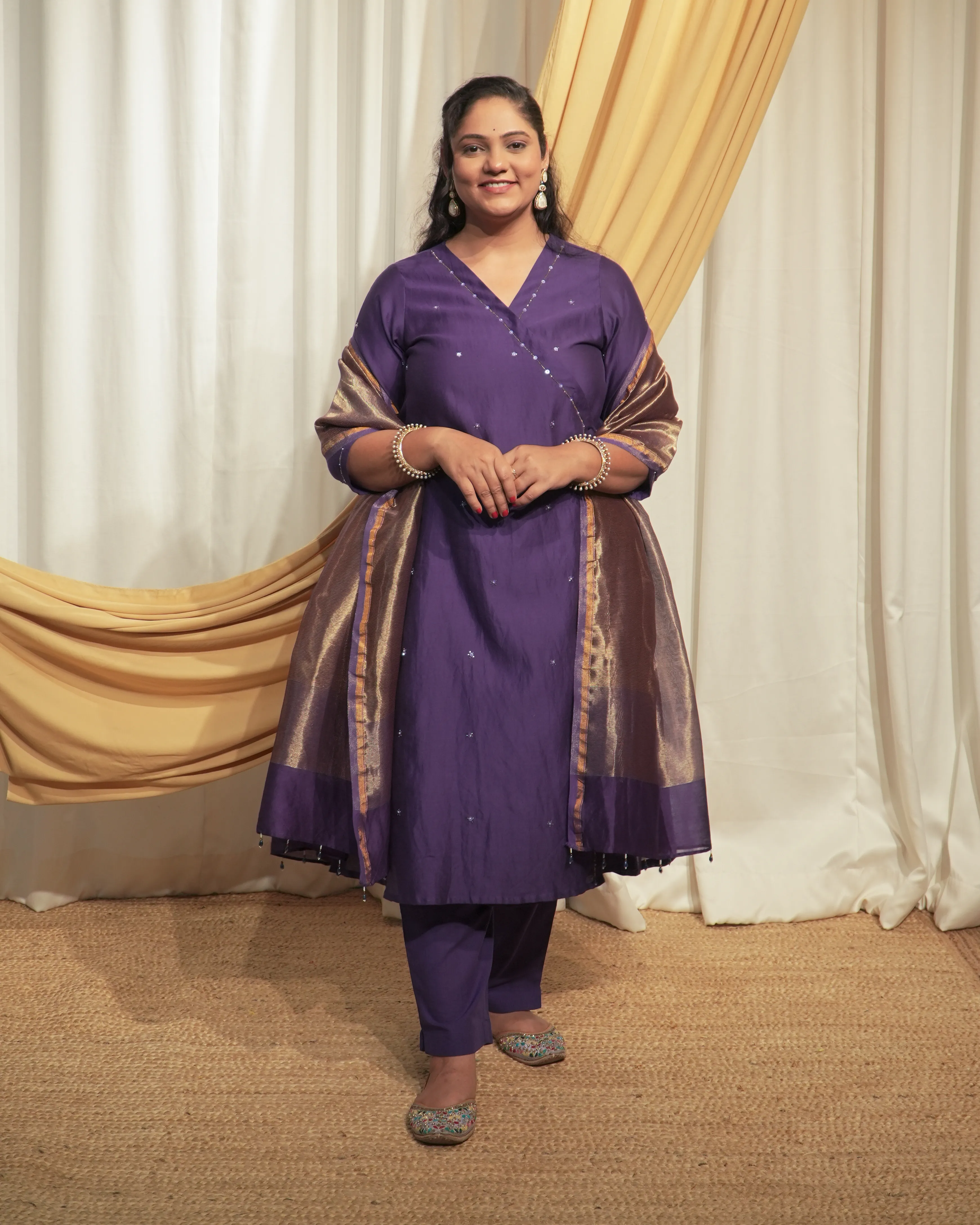 Purple Chanderi A-line Kurta set with Dupattas