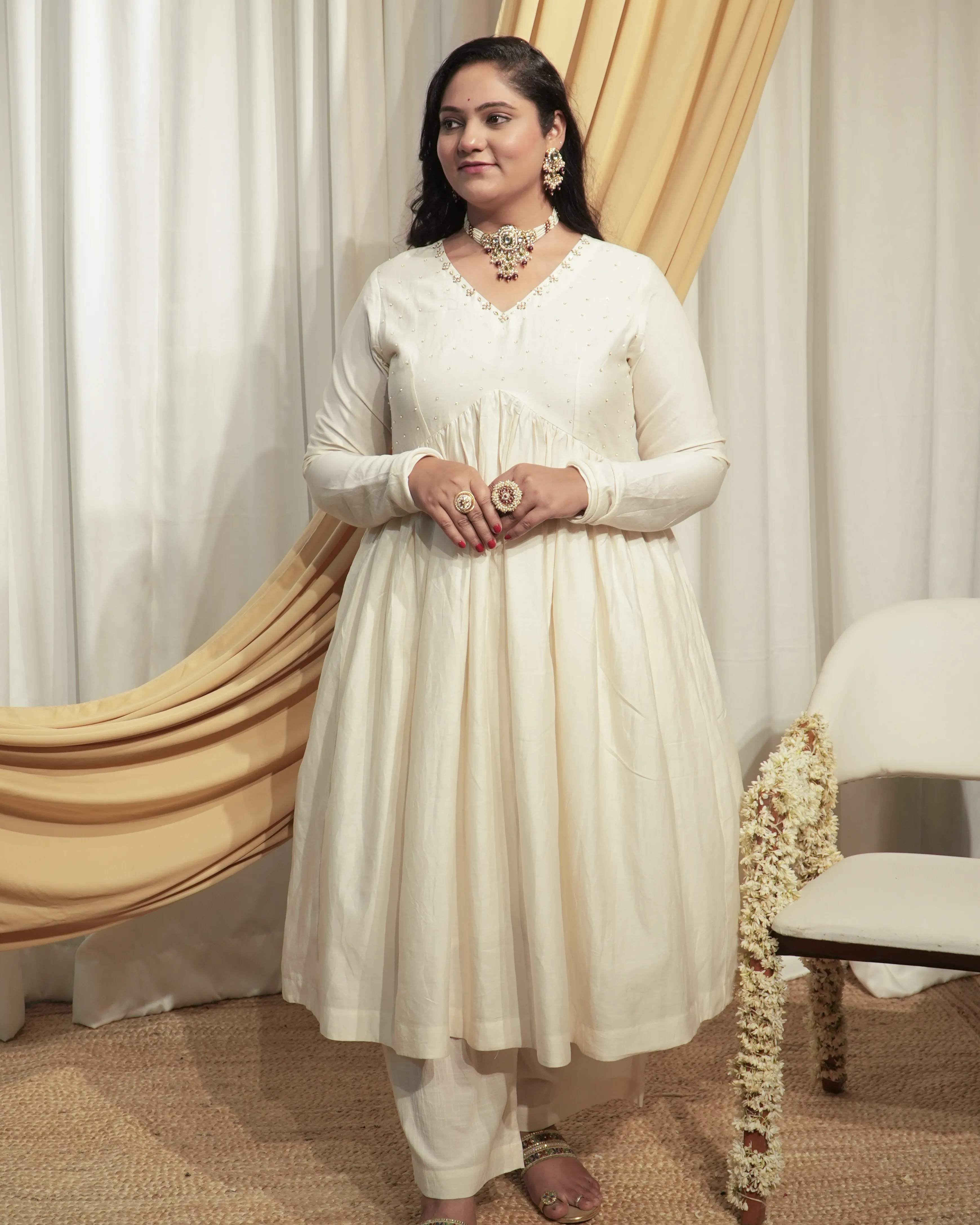  Off-white Chanderi A-line Kurta set with Dupattas