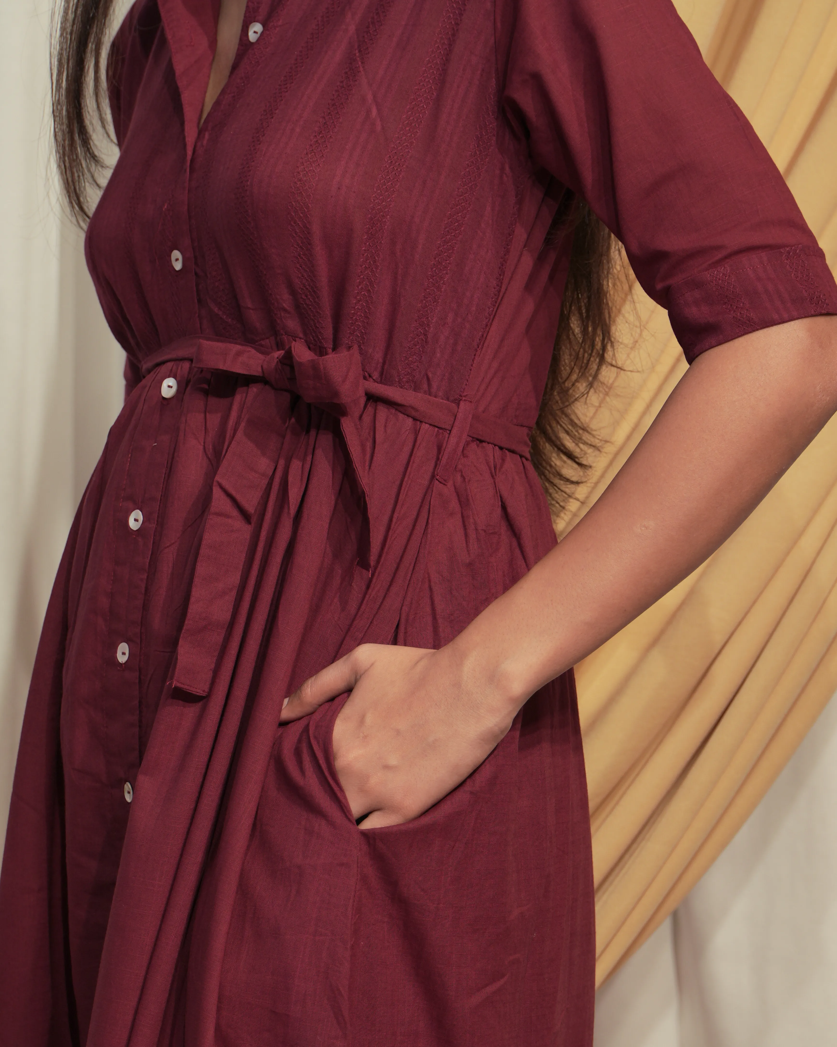 Maroon Shirt Style A-Line Dress with Tie-Up Belt