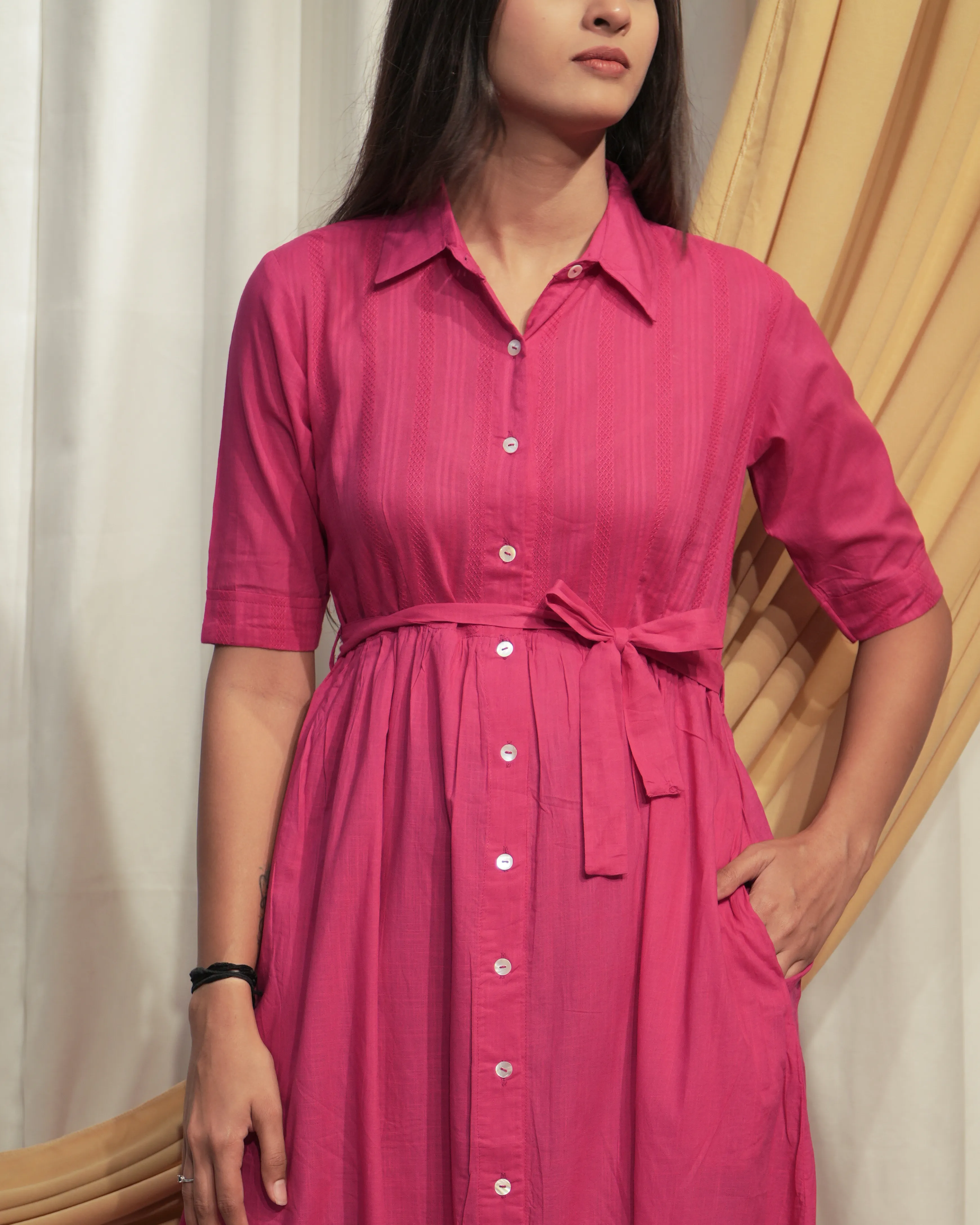 Hot Pink Shirt Style A-Line Dress with Tie-Up Belt