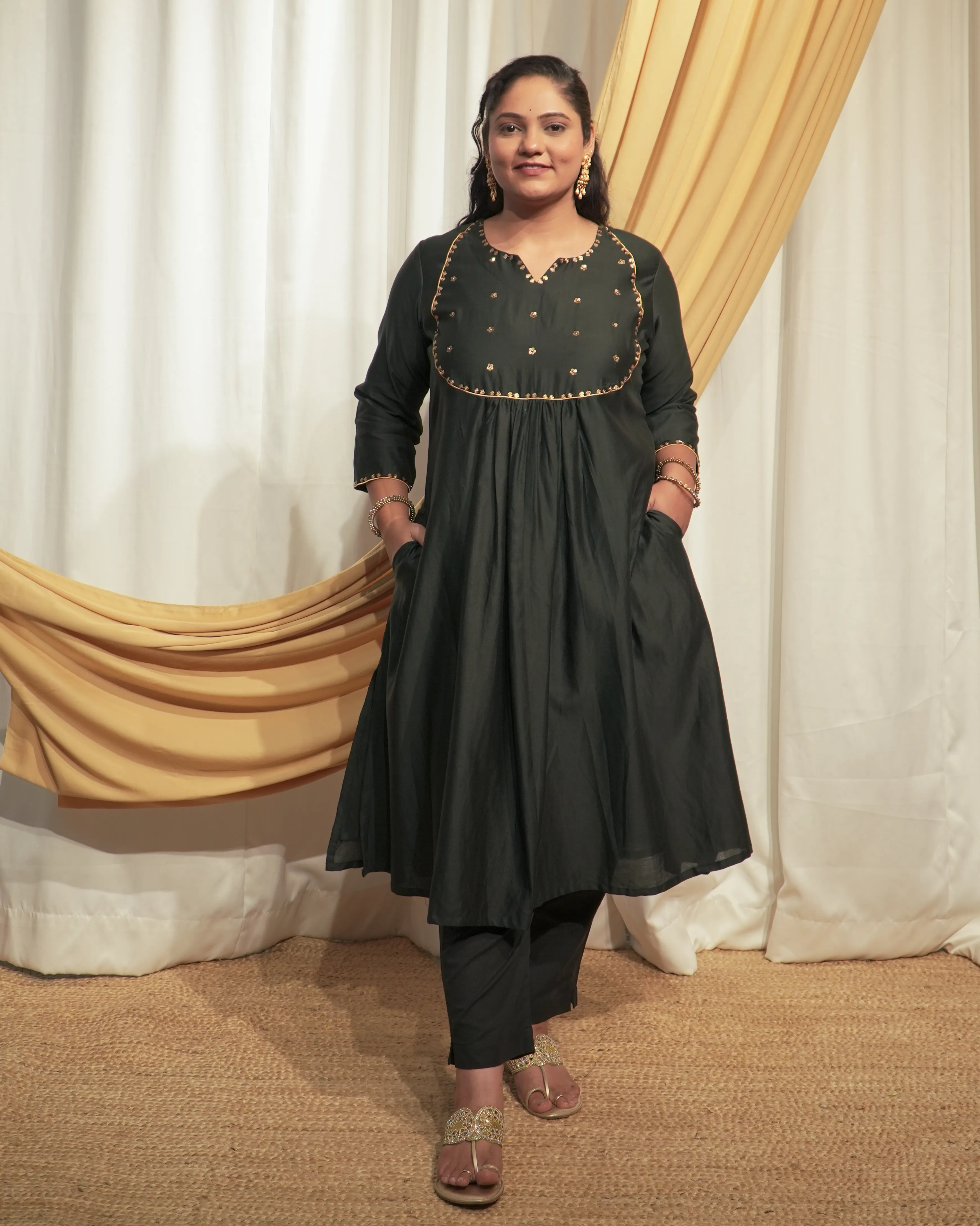 Black Chanderi A-line Kurta set with Dupattas