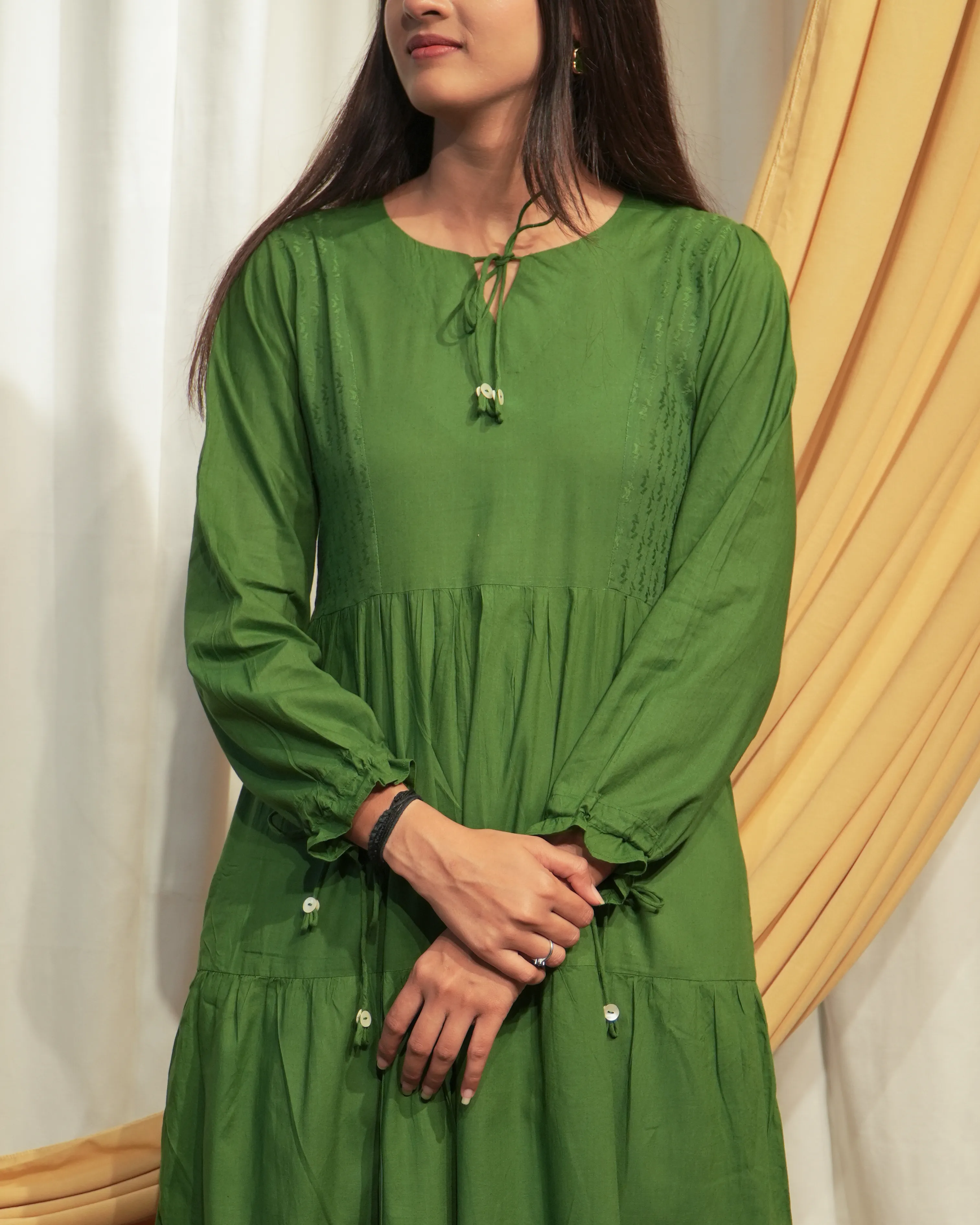 Basil Green Layered Cotton A-Line Dress with Puff Sleeves