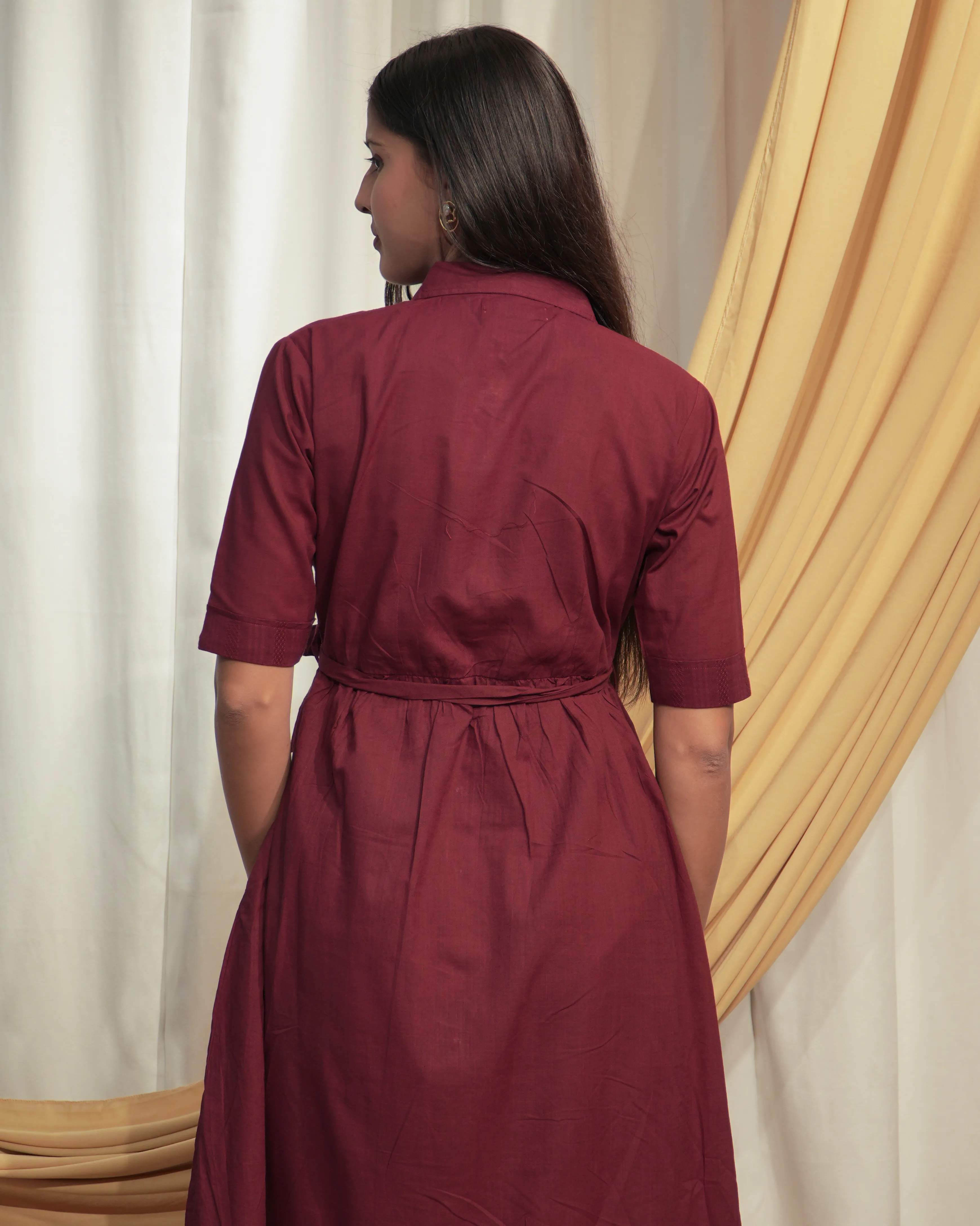 Maroon Shirt Style A-Line Dress with Tie-Up Belt