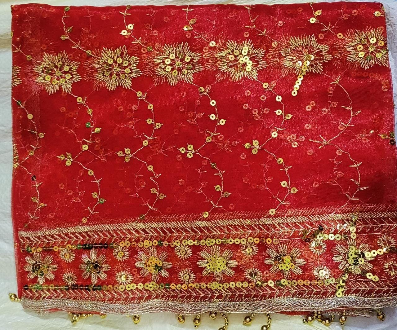 Krushnesh Creations Fabric Devi Maa Ki Chunri with Golden Dhaga Work for All Goddess(84 X 40 Inch, 2.25 Meter, Red)