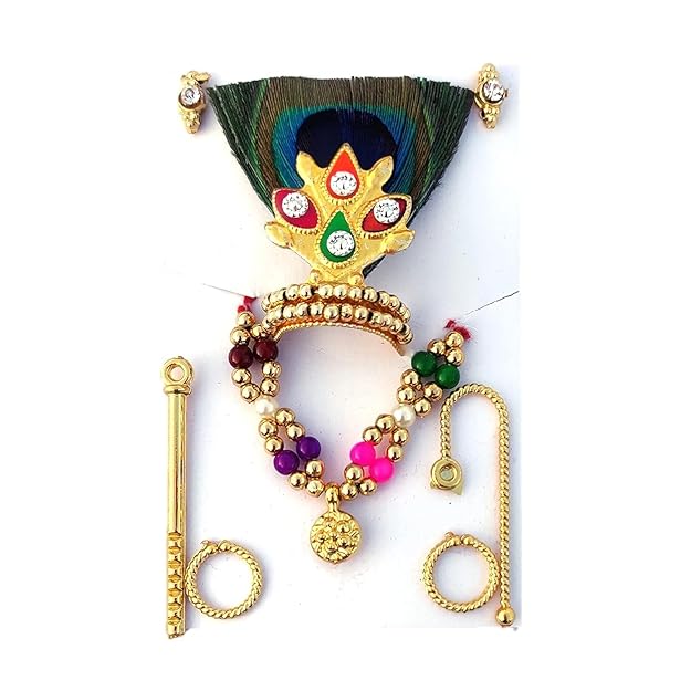 Krushnesh Creations Full Shringar Set Mor Pankh Mukut, Mala, Flute, Kada, Earrings, Tilak and Chadi (7 Items) Ladoo Gopal for Small Deities, Size 0 and Size 1, Multicolour