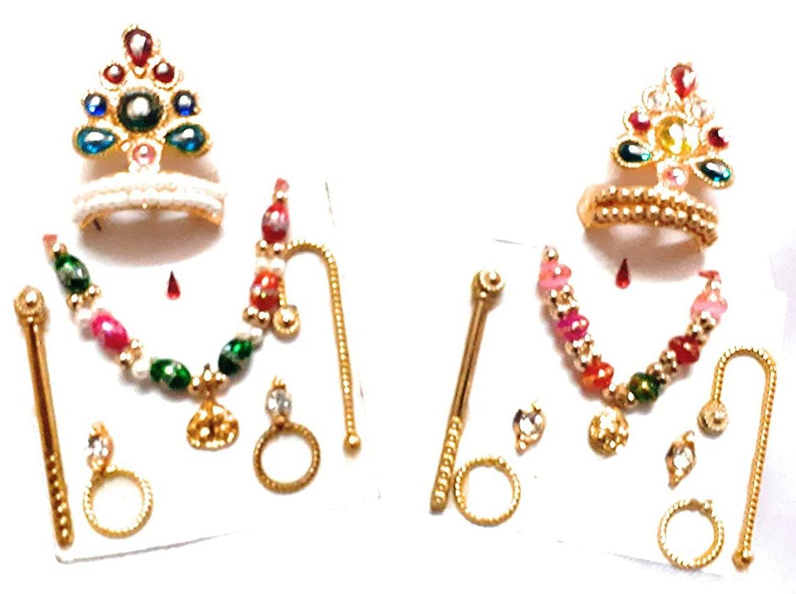 Krushnesh Creations Full Shringar Set for Small Deities-Moti Mukut, Mala, Flute, Kada, Earrings, Tilak and Chadi Ladoo Gopal (7 Items, Multicolour)