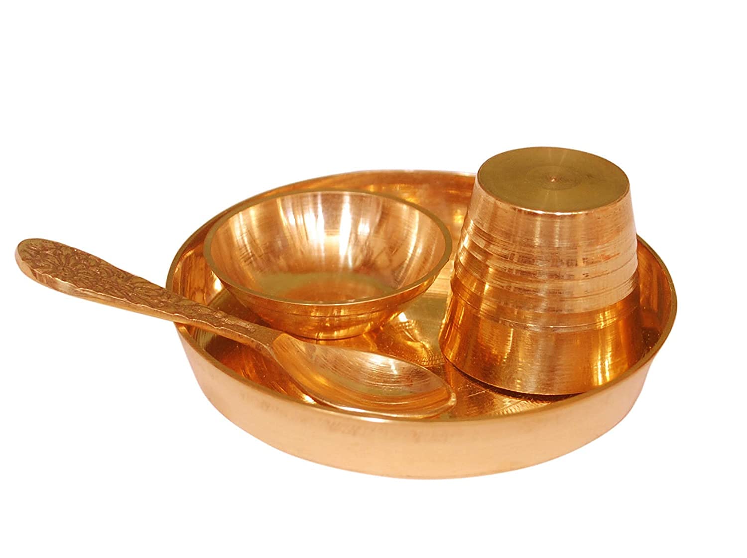 Krushnesh Creations Kanha ji Bartan Set Pure Brass Bhog Thali Plate Laddu Gopal/Krishna Pooja Set with 1 Plate 1 Katori, 1 Glass, 1 Spoon