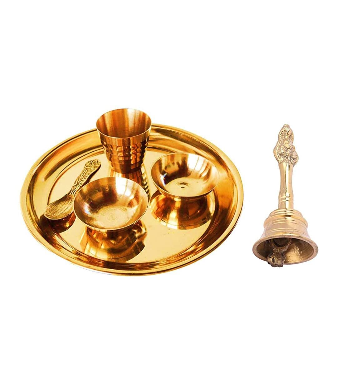 Krushnesh Creations Kanha ji Bartan Set Pure Brass Bhog Thali Plate Laddu Gopal/Krishna Pooja Set with 1 Plate 2 Katori, 1 Glass, 1 Spoon with Garud Ghanti(Size 1)