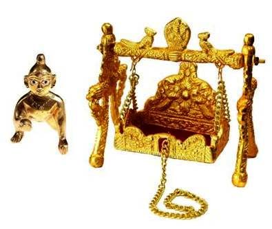 Krushnesh Creations Designer Golden Laddu Gopal Jhula/Swing Palna for Janamashtmi with 0 no. Small Pure Brass laddu Gopal(Jhula Size-LxHxW=11.5x13x8 cm),Golden,207 Gm