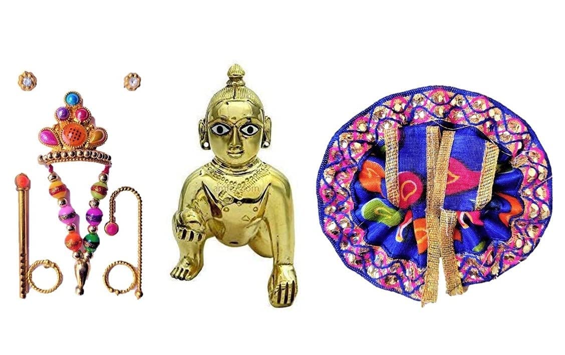 Krushnesh Creations Janamashtami Special Brass Laddu Bal Gopal (1 no.) with Multicolor Poshak & Beautiful Mukut,
