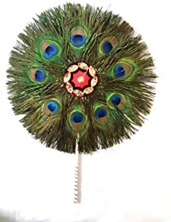 Krushnesh Creations Peacock Feather/More pankh Fan/Morpankh Pankha Round Shape (20 and 27 cm Diameter and Length; Blue)