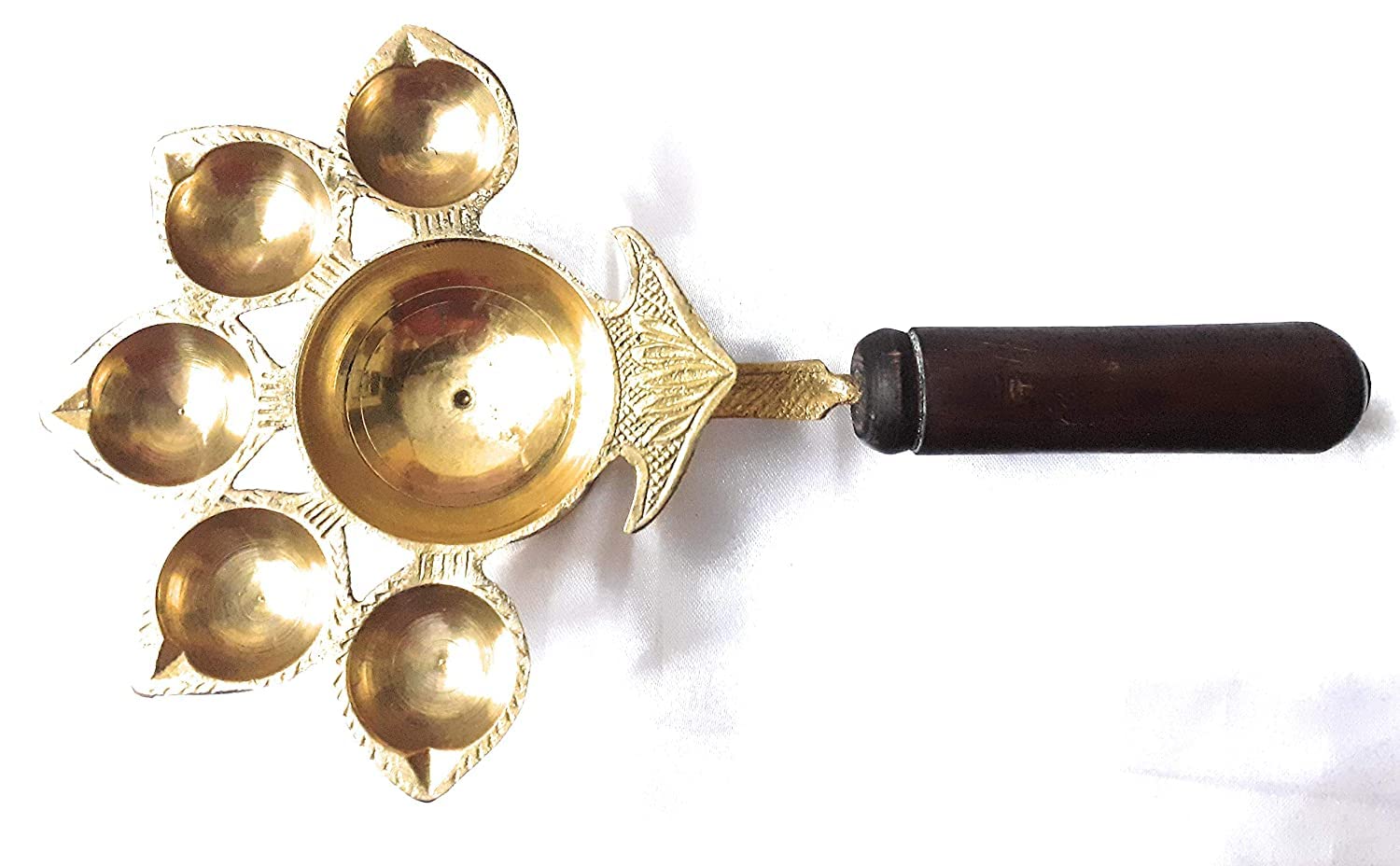 Krushnesh Creations Brass 5 Face Jyoti Diya Stand for Pooja Deepak Aarti with Karpur Burner in Centre (Yellow, 150 g, 23x7x13 cm)
