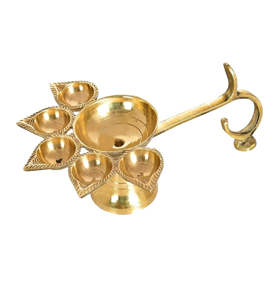 Krushnesh Creations Brass Panch aarti Diya/5-5 Face Jyoti Diya Stand for Pooja Deepak Aarti with Karpur Burner in Centre of Diya, Yellow, 100-110 Gm