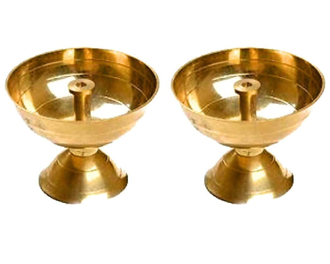 Krushnesh Creations Brass Deepak(Diya Oil Lamp) for Pooja Aarti,(Pack of 2),Yellow