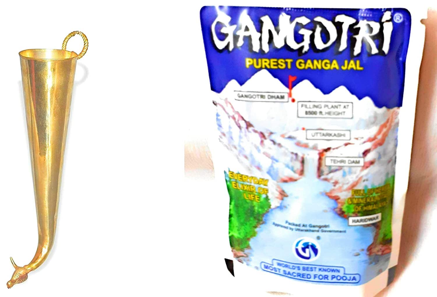 Krushnesh Creations Pure Brass Gaumukhi Shringi for Abhishek,Bathing Pot for Gods with Gangotri Gangajal Pouch (60 ml)