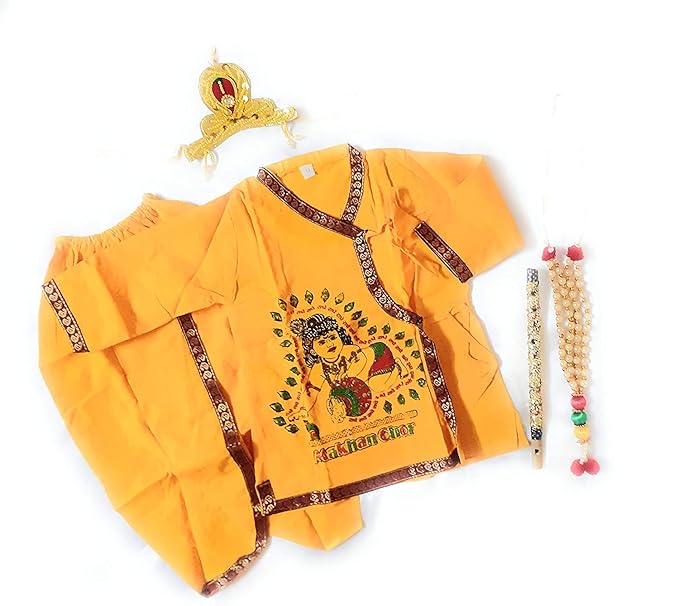 Krushnesh Creations Fabric Krishna Dress janmashtami Kids Costume with Accessories for Dressing up (Yellow, 0-1.5 Year, 1 Flute, 1 mukut, 1 Mala)