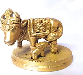 Krushnesh Creations Pure Brass Cow with Calf Idol,104 Grams,Yellow