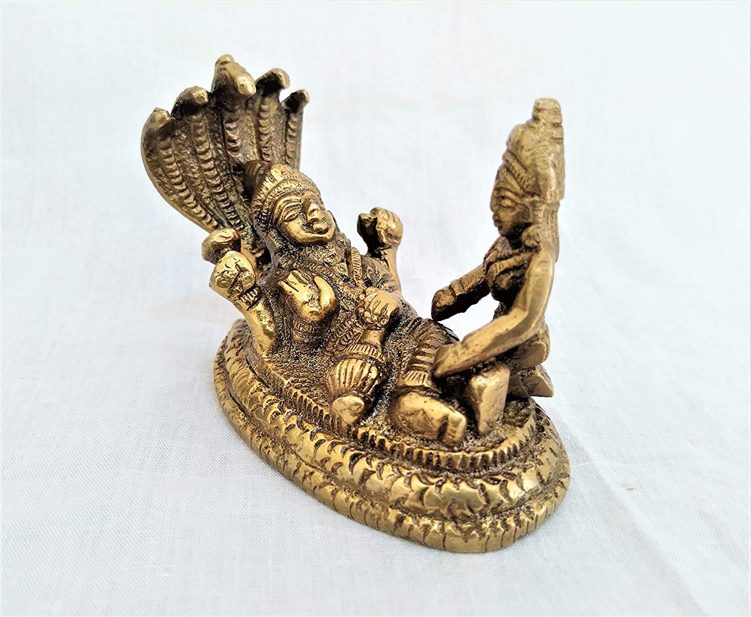 Krushnesh Creations Brass Vishnu Laxmi with Sheshnaag God Idol Statue, 209 Grams,Yellow