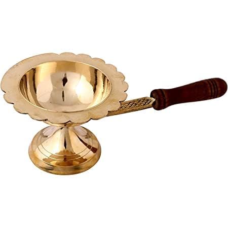 Krushnesh Creations Brass Dhoopi Puja Aarti, Incense Burner, Loban Burner,Bakhoor Burner,Dhoop Dhuni, Sambrani Dhoop, with Wooden Handle for Home, Temples,Offices & Gifting.