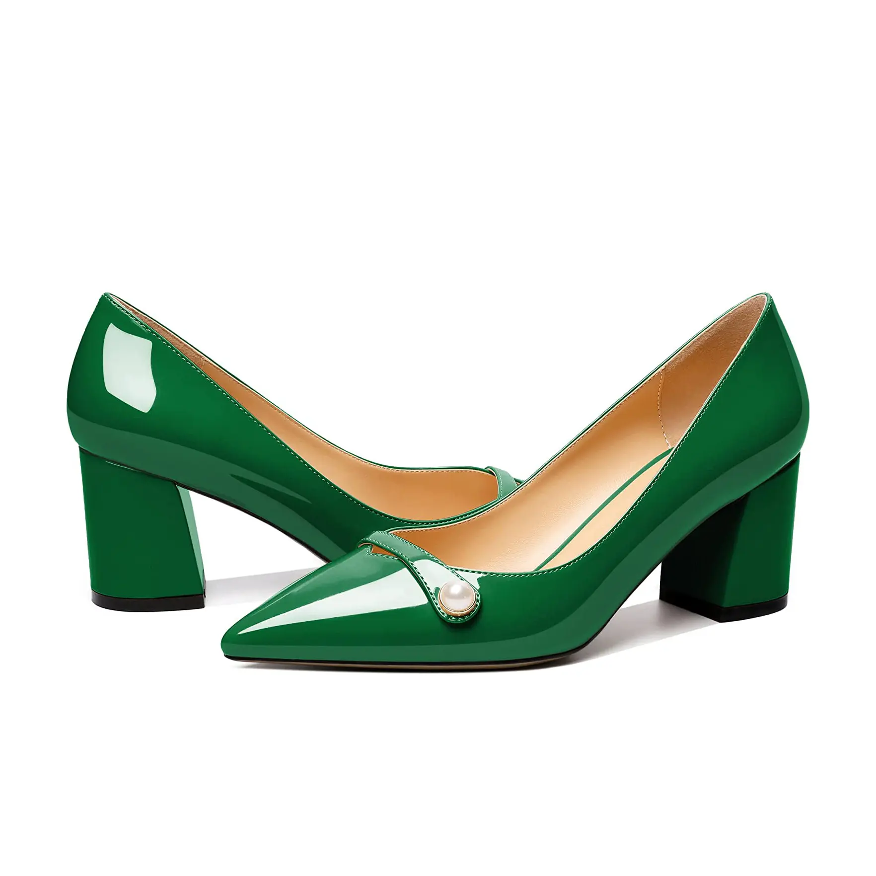 Green Patent Leather Block Heel Pumps
