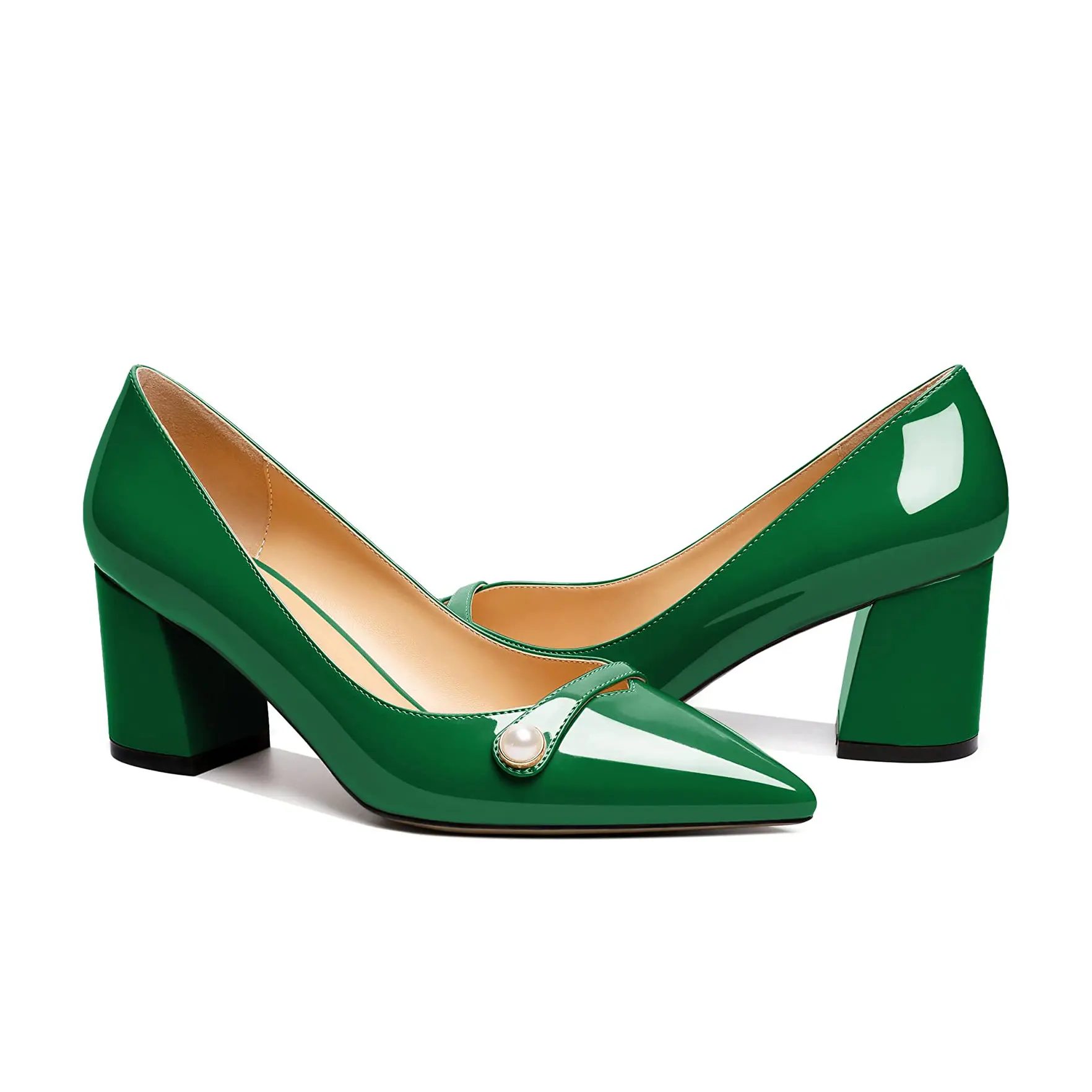 Green Patent Leather Block Heel Pumps